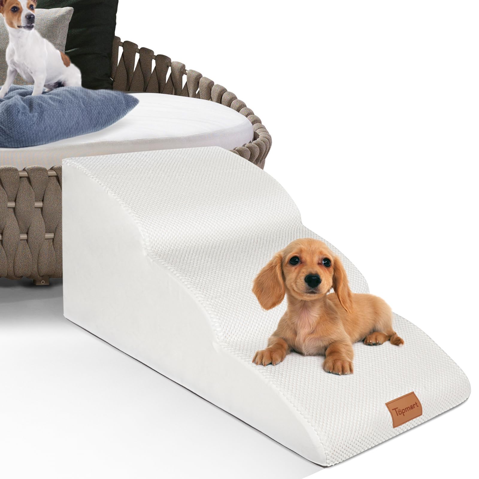 Topmart High Density Extended Foam Dog Ramp&Steps 3 Tiers,15.7' High,Non-Slip Dog Stairs,Soft Foam Dog Ladder,Best For Dogs Injured,Older Cats,Pets With Joint Pain, Color White