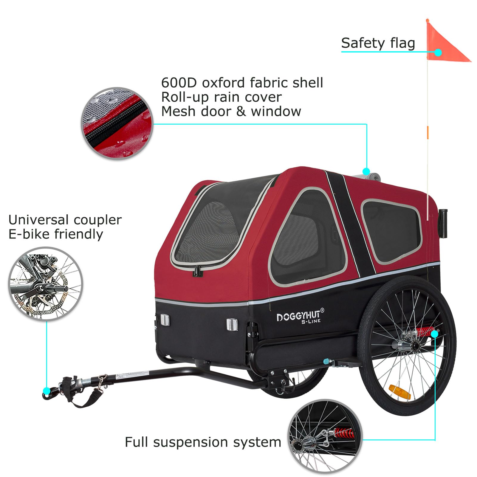 Doggyhut S-Line Xl Pet Bike Trailer & Stroller For Dog Up To 100 Lbs (Red)