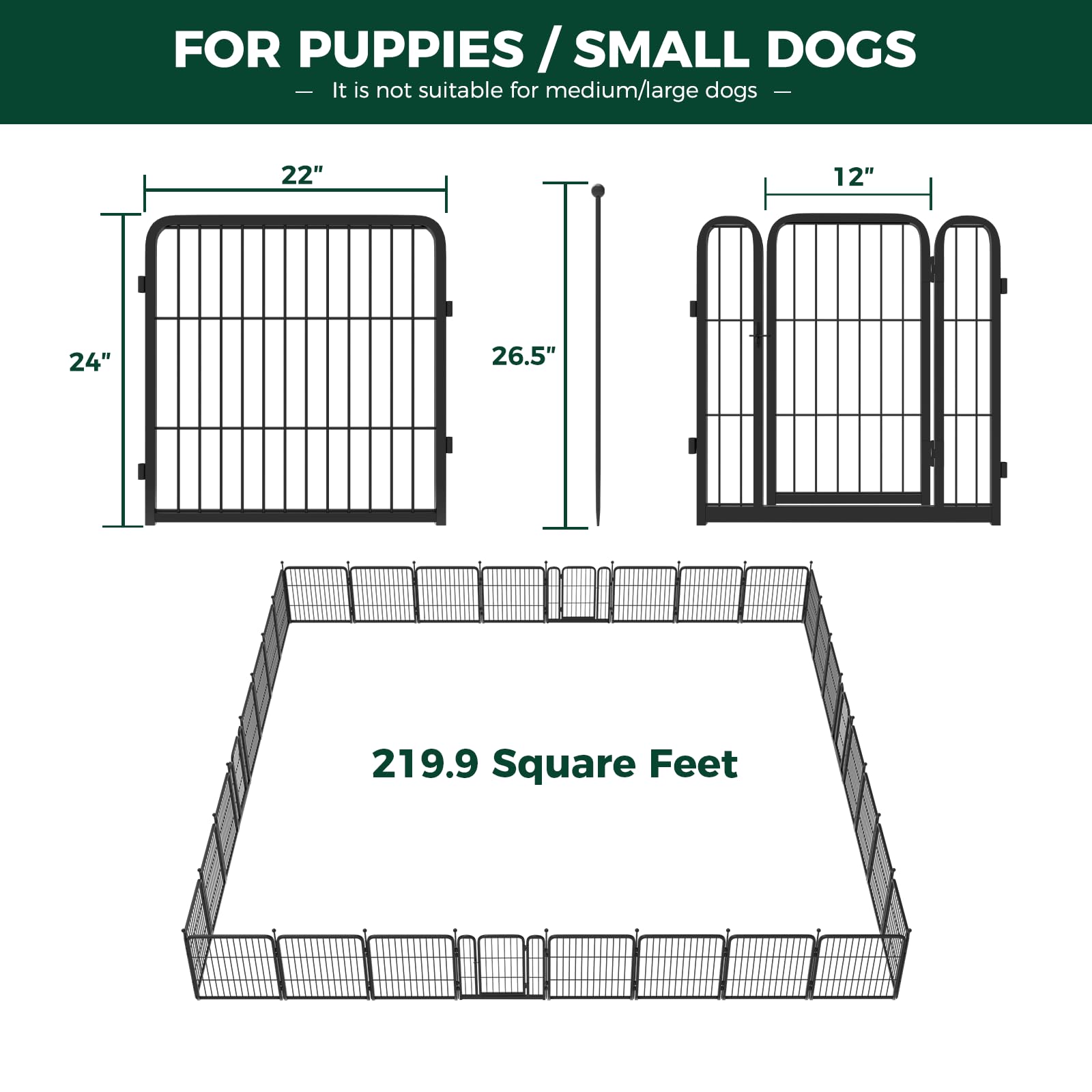 FXW Dog Playpen - 24 inch, 32 Panels, Metal, Black - Ideal for Puppies and Small Dogs, Perfect for Yard and RV Camping