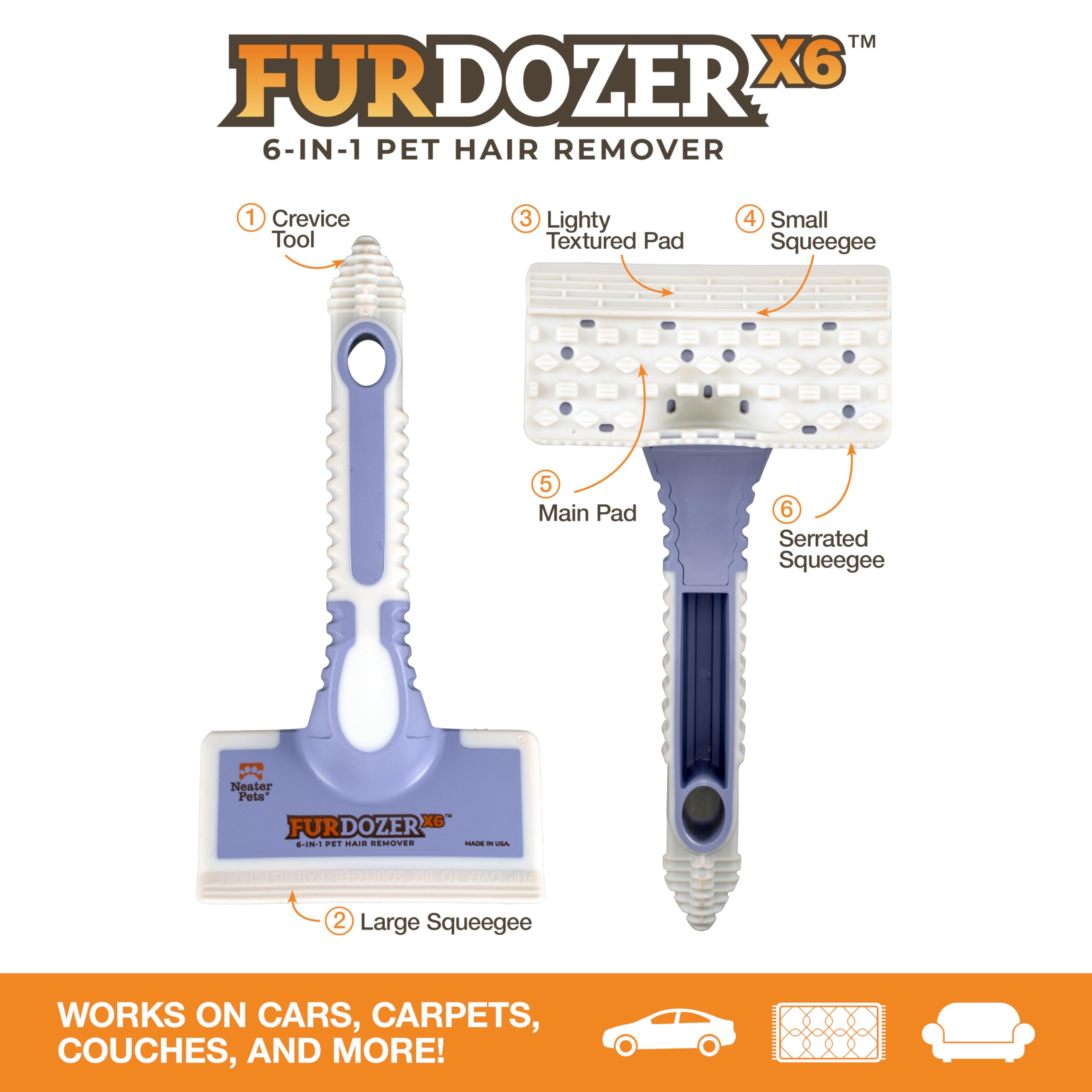 Furdozer X6 Pet Hair Remover & Auto Detailing Tool - Cat & Dog Hair Remover For Carpets, Car Interiors, Couches, Bedding, & Furn