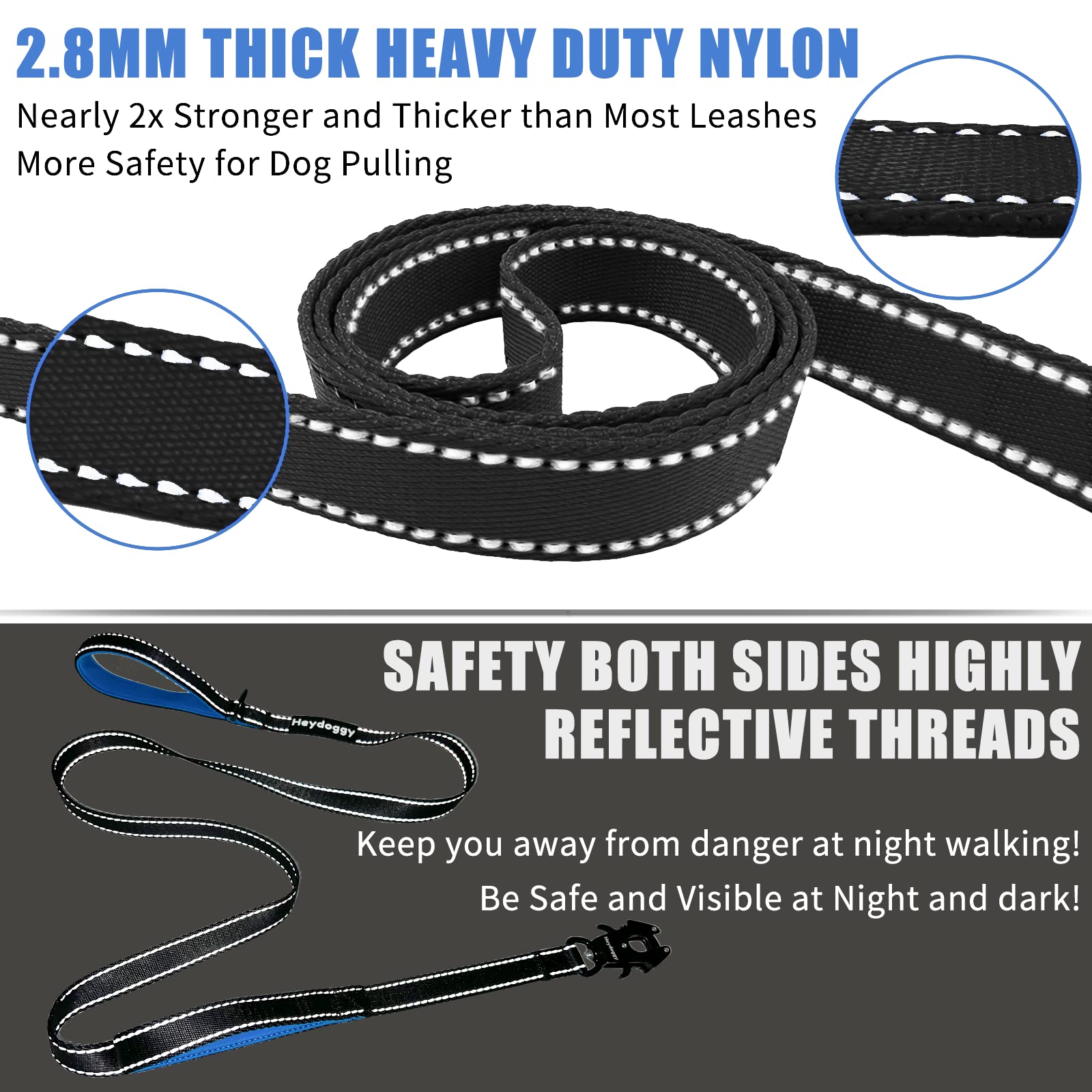 Strong Heavy Duty Dog Leash - 5Ft Reflective Nylon Training Leash With Soft Padded Double Handle & Auto Lock Frog Clip - Safety