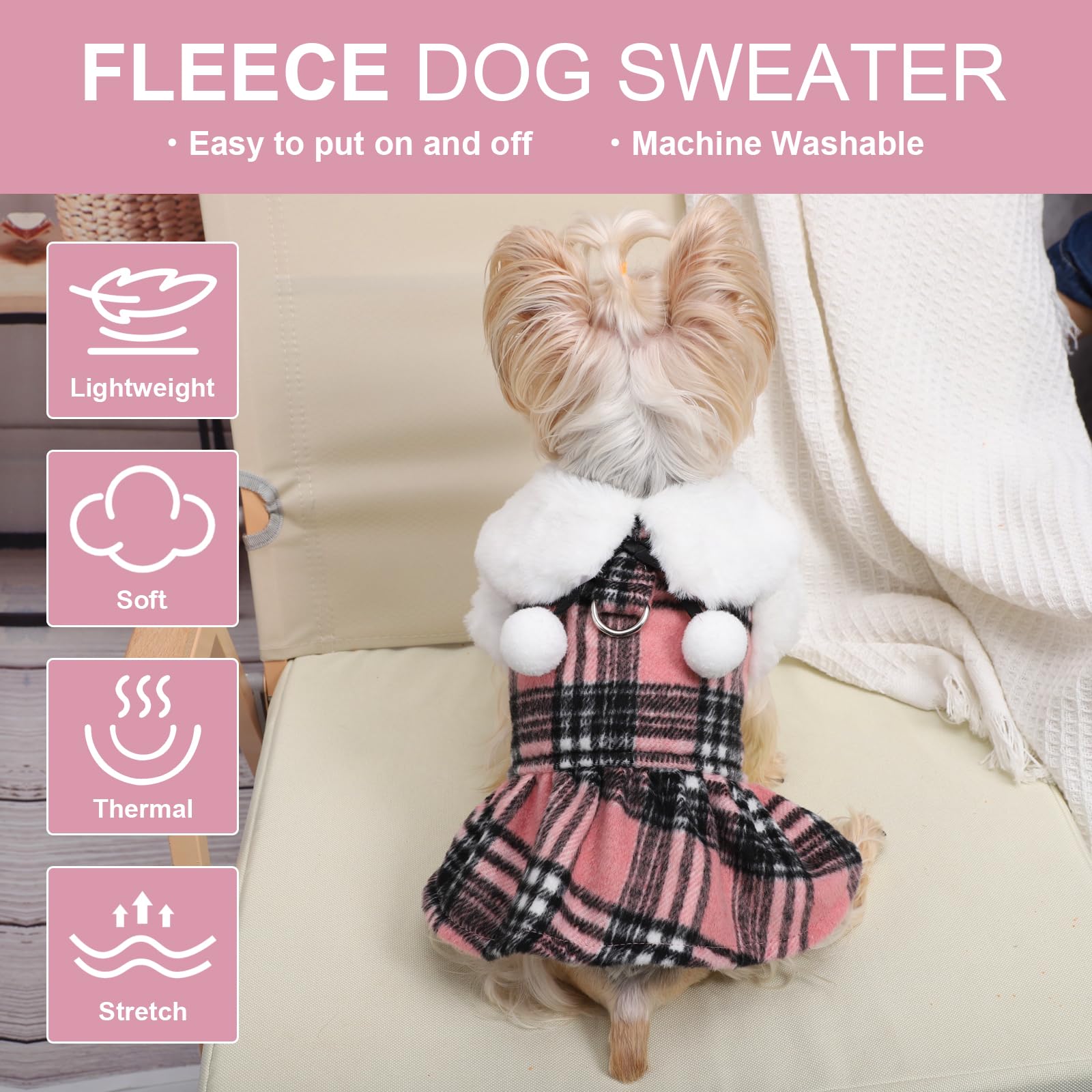 Xs Dog Sweater With Leash Set D Ring Valentine'S Day Plaid Fleece Dog Clothes For Small Dogs Girl Boy Spring Pet Dress, Cold Wea
