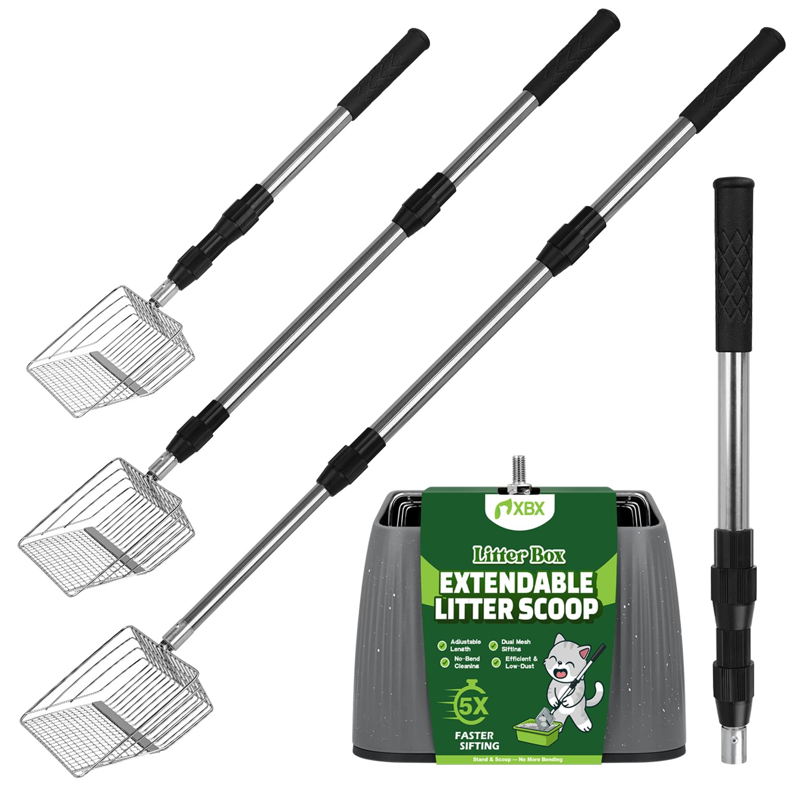 XBX Long Handle Cat Litter Scoop with Holder, Adjustable Extendable Metal Litter Scooper, Stainless Steel Shovel Sifter for Litt