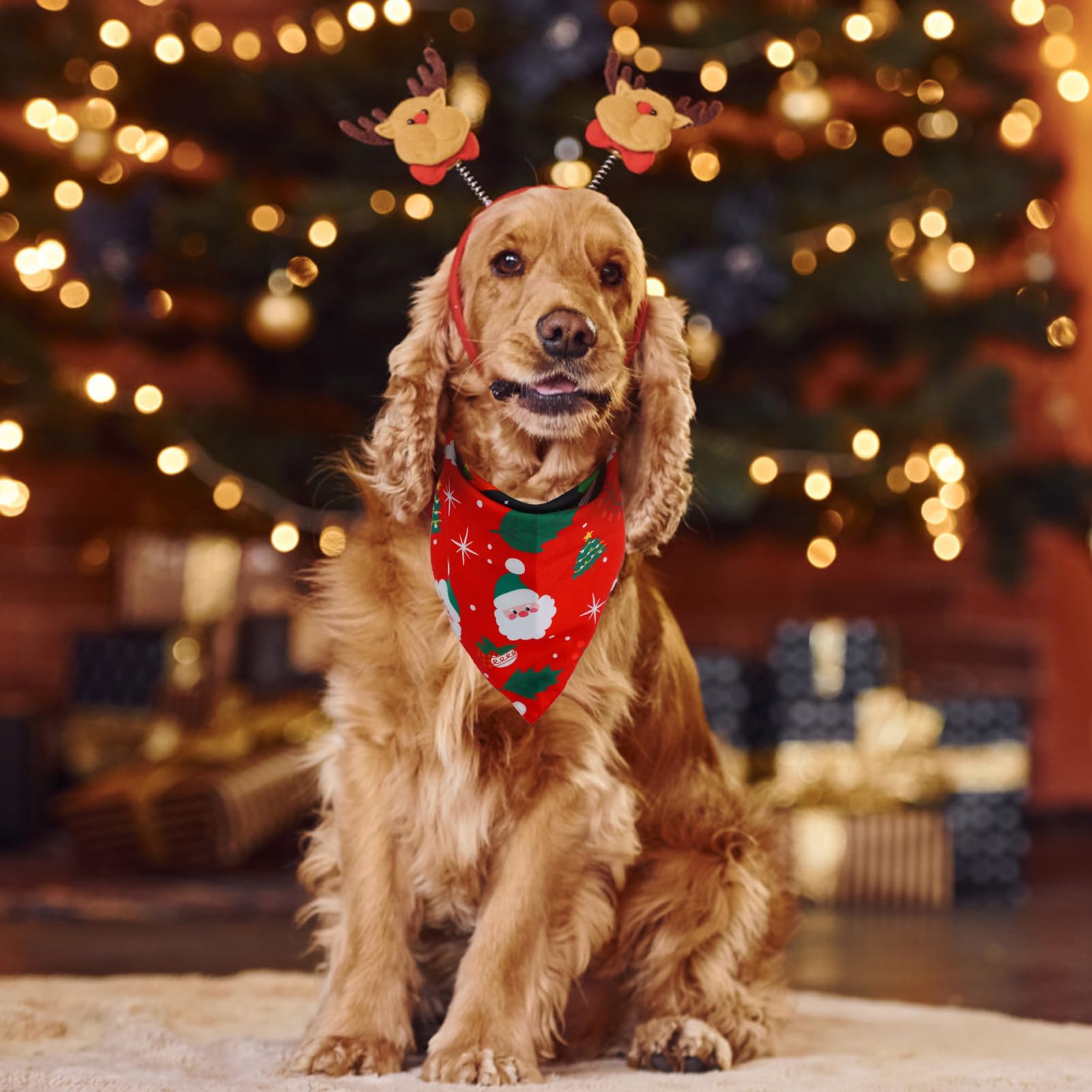 Scenereal Christmas Dog Bandanas 2 Pack, Puppy Xmas Santa Claus Elk Triangle Bibs Handkerchief, Reversible Holiday Dog Bandana F