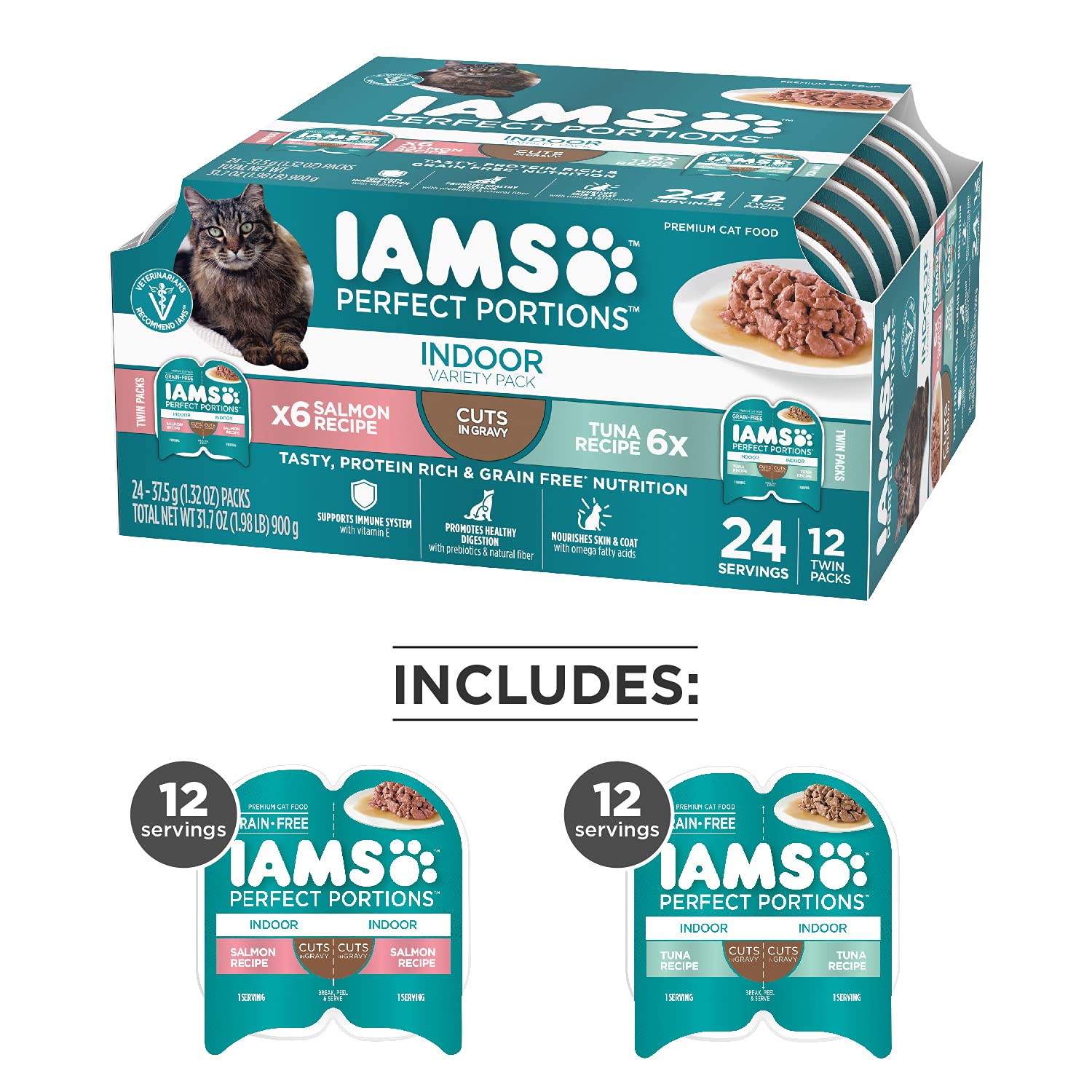 Iams Perfect Portions Indoor Adult Grain Free Wet Cat Food Pate Variety Pack, Salmon and Tuna Recipes, 2.6 oz. Easy Peel Twin-Pa