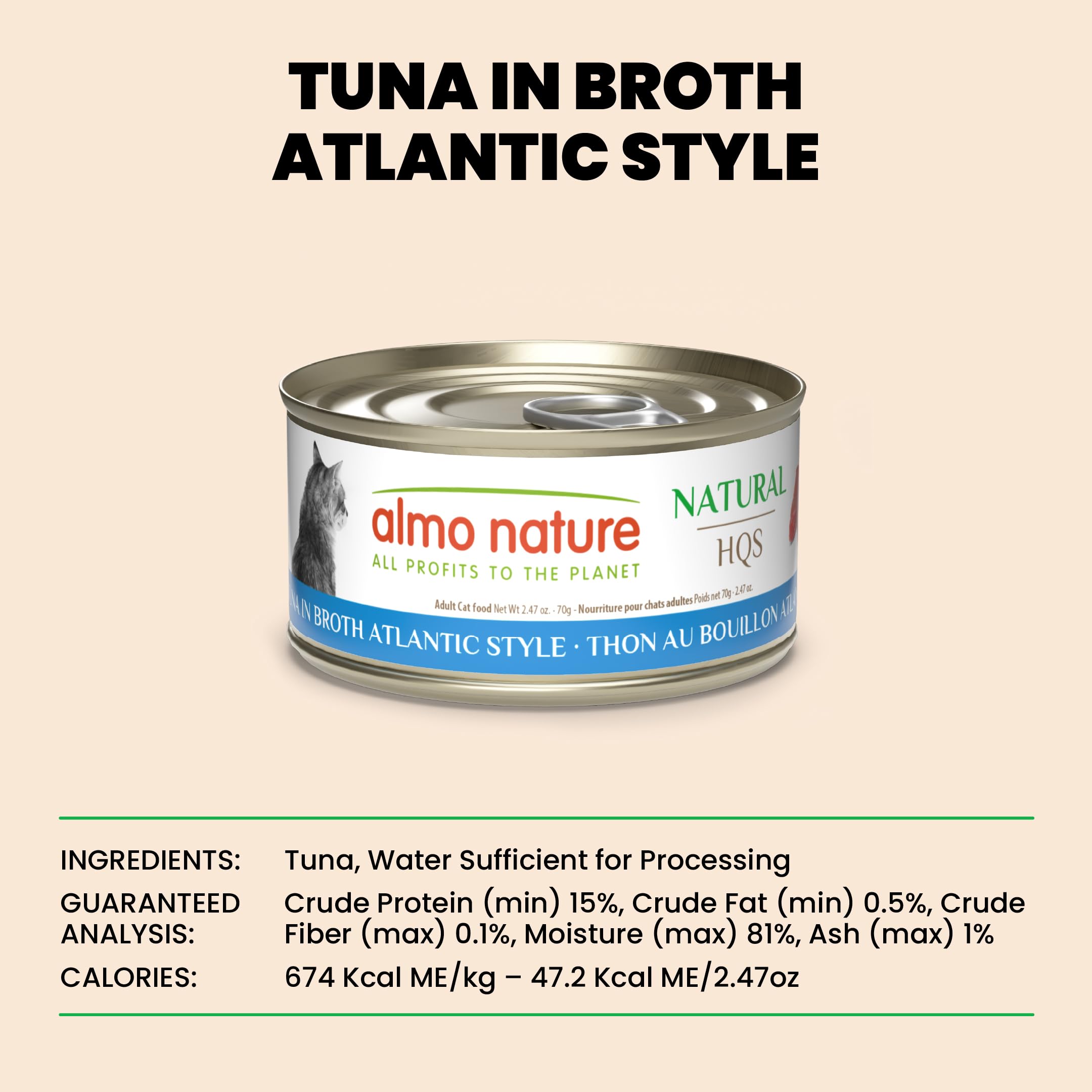 almo nature HQS Natural Wet Cat Food Tuna in Broth, Grain-Free, 2.47 oz (Pack of 24), Atlantic Tuna, Model 1010H