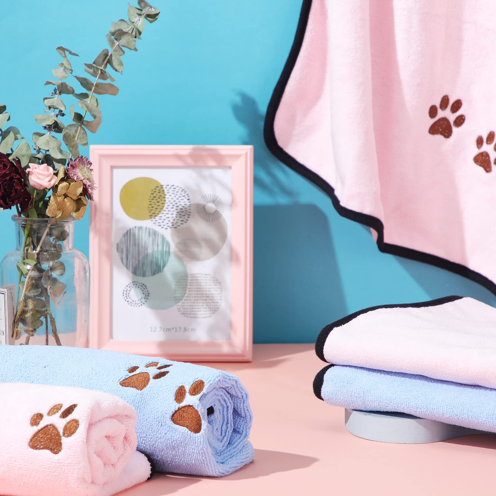 4 Pack Dog Towels For Drying Dogs Microfiber Dog Towel Soft Absorbent Pet Bath Towel Dog Drying Grooming Towel With Embroidered Paw For Pet Dogs Cats Bathing And Grooming (Blue, Pink, 35 X 20 Inch)