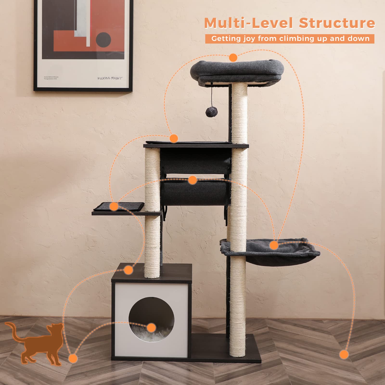 PEQULTI Modern Cat Tree - 51.4" Wooden Cat Tower with Scratching Posts, Cozy Condo, Hammock & Swing Tunnel - Gray - Model AM52-AMT0102GY