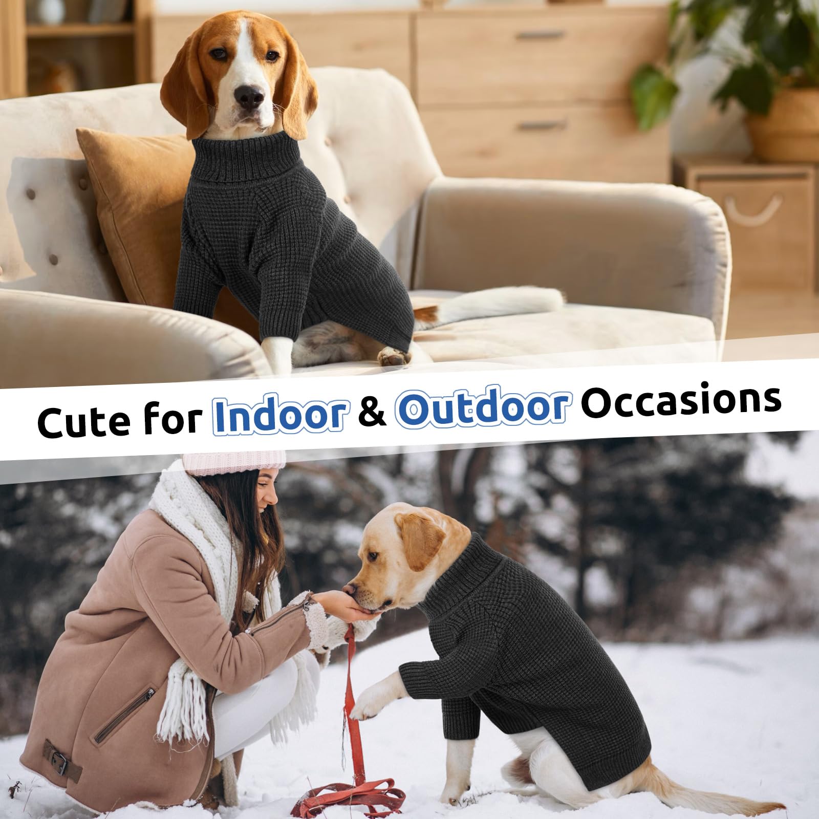 Queenmore Turtleneck Long Sleeve Knitted Sweater With Check Pattern, Warm Dog & Cat Sweater For Small To Large Pets, Charcoal Gr