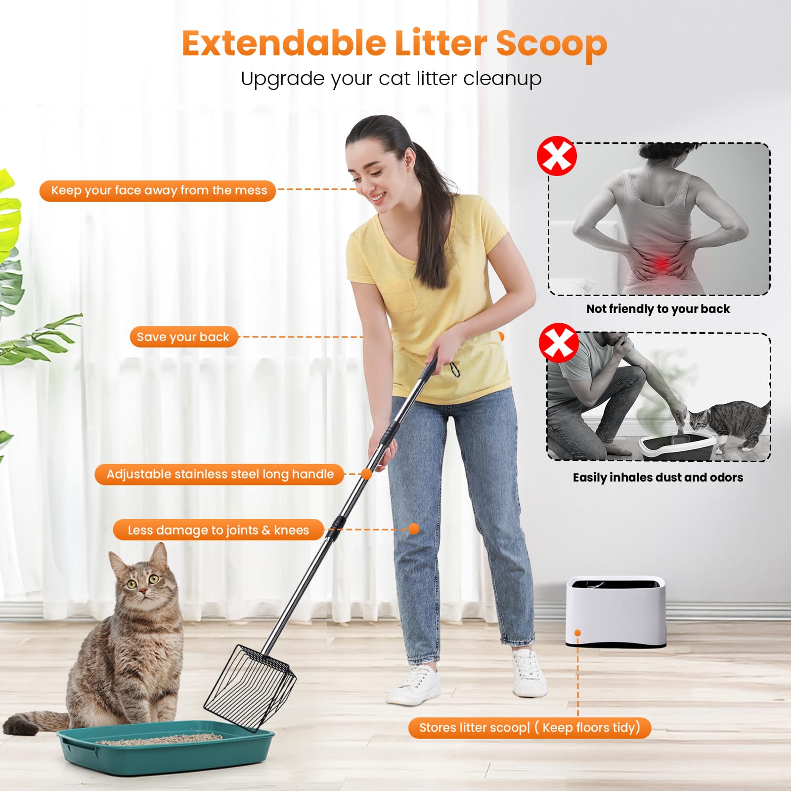 PETOCAT Cat Litter Scoop with Holder 43 Metal Litter Scooper with Stainless Steel Long Handle, Large Kitty Box Scooper Heavy Dut