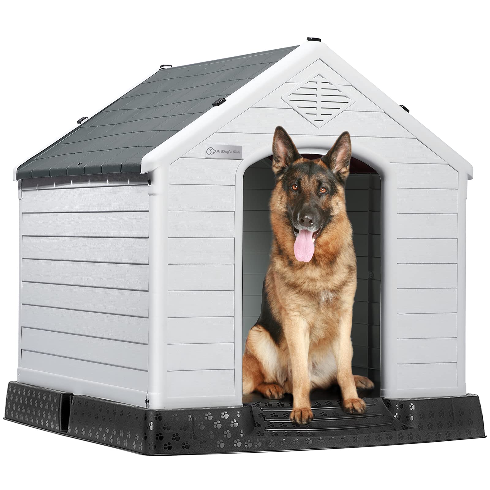 Lemberi Durable Waterproof Plastic Dog House For Small To Large Sized Dogs, Indoor Outdoor Doghouse Puppy Shelter With Elevated Floor, Easy To Assemble (Gray, 42''L*38''W*39''H)