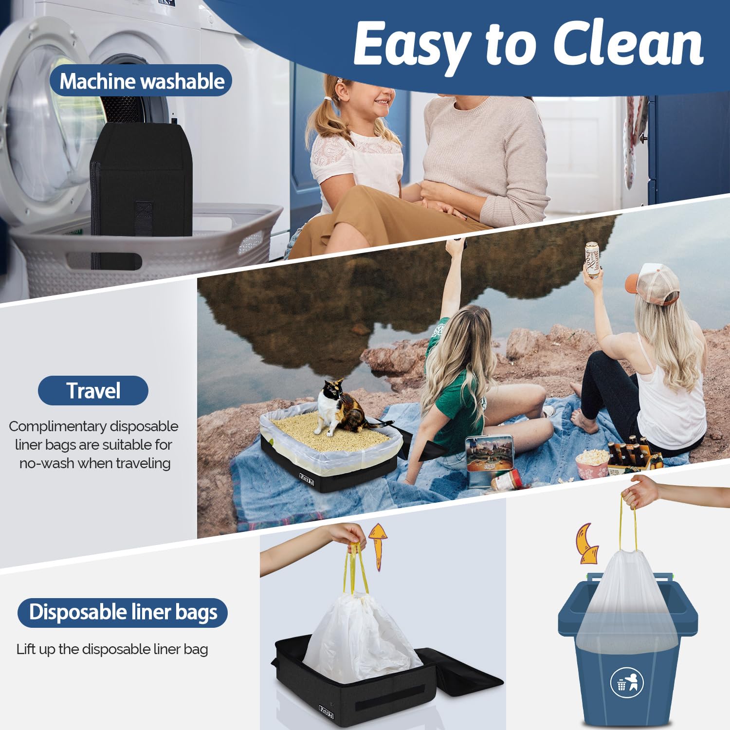 Petskd Portable Cat Travel Litter Box with Lid and 10 pcs Disposable Liner Bags, Leak-Proof and Collapsible, Cat Travel Essentia