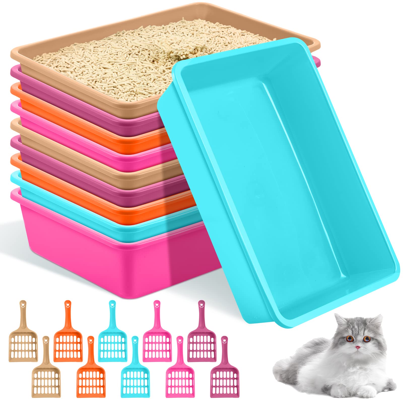 10Pcs Open Cat Litter Box Kitten Litter Pan With 10 Scooper Medium Plastic Litter Tray Durable Nonstick Litter Box For Indoor Pets Cats Rabbit Supplies Easy To Clean,14.6X10.6X3.4 Inch, Assorted Color