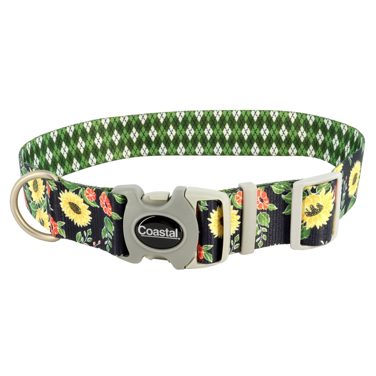 Coastal Pet Sublime Adjustable Dog Collar - Adjustable Plastic Buckle - Vibrant & Colorful Dog Collar With Fade-Resistant Patterns - Sunflower With Green Argyle, Medium - 1' X 12'-18'