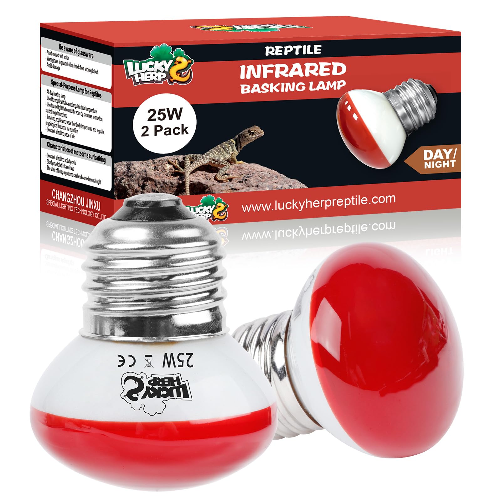 LUCKY HERP Infrared Heat Lamp, 25W Reptile Heat Lamp 2 Pack Red Heat Lamp Bulbs, Infrared Basking Spot Heat Light Bulb, Amphibia