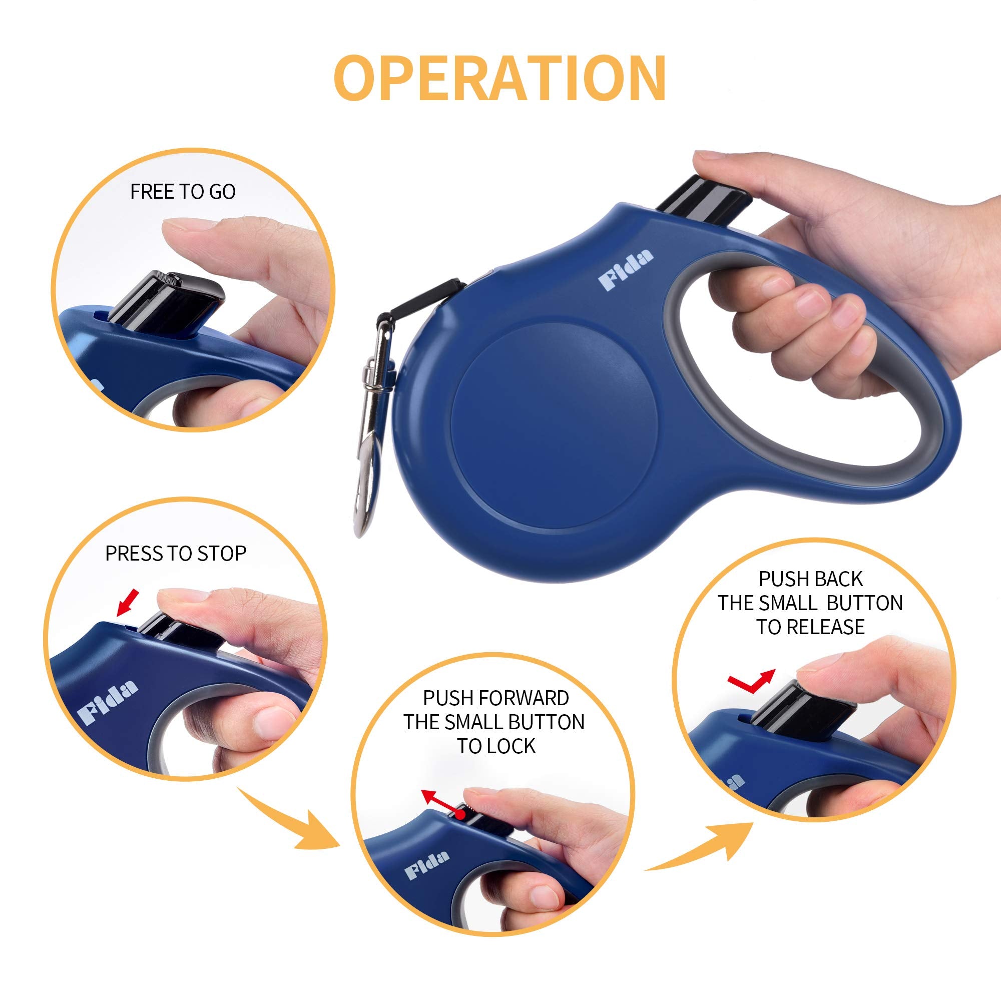 Fida Retractable Dog Leash, 16Ft Heavy Duty Pet Walking Leash For Small/Medium Dog Or Cat Up To 44 Lbs, Tangle Free. One-Hand Br