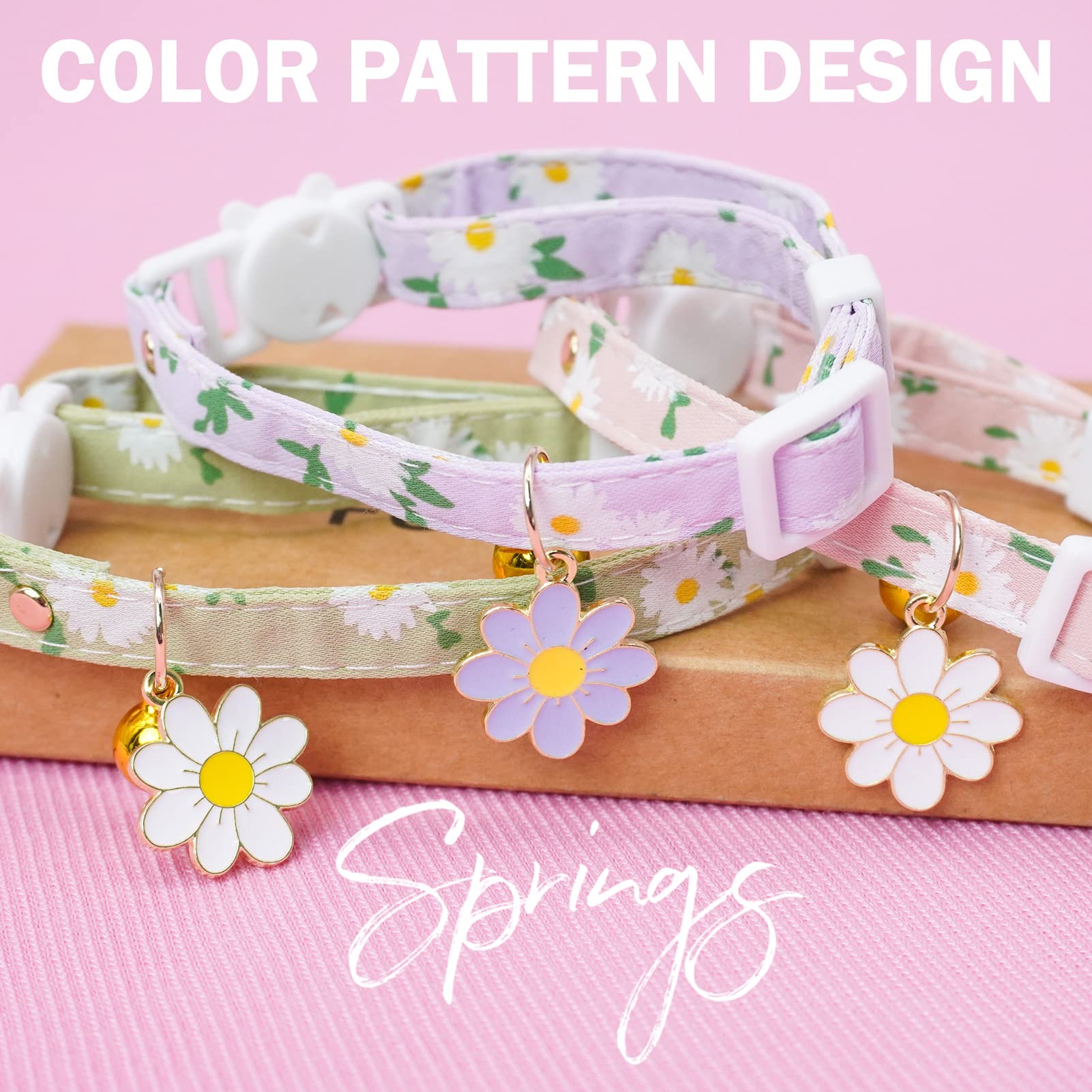 Dillybud 3 Pack Breakaway Cat Collars With Bell- Daisy Pendant Spring Cat Collar For Girl Boy Cats With Safety Buckle- Cute Kitt