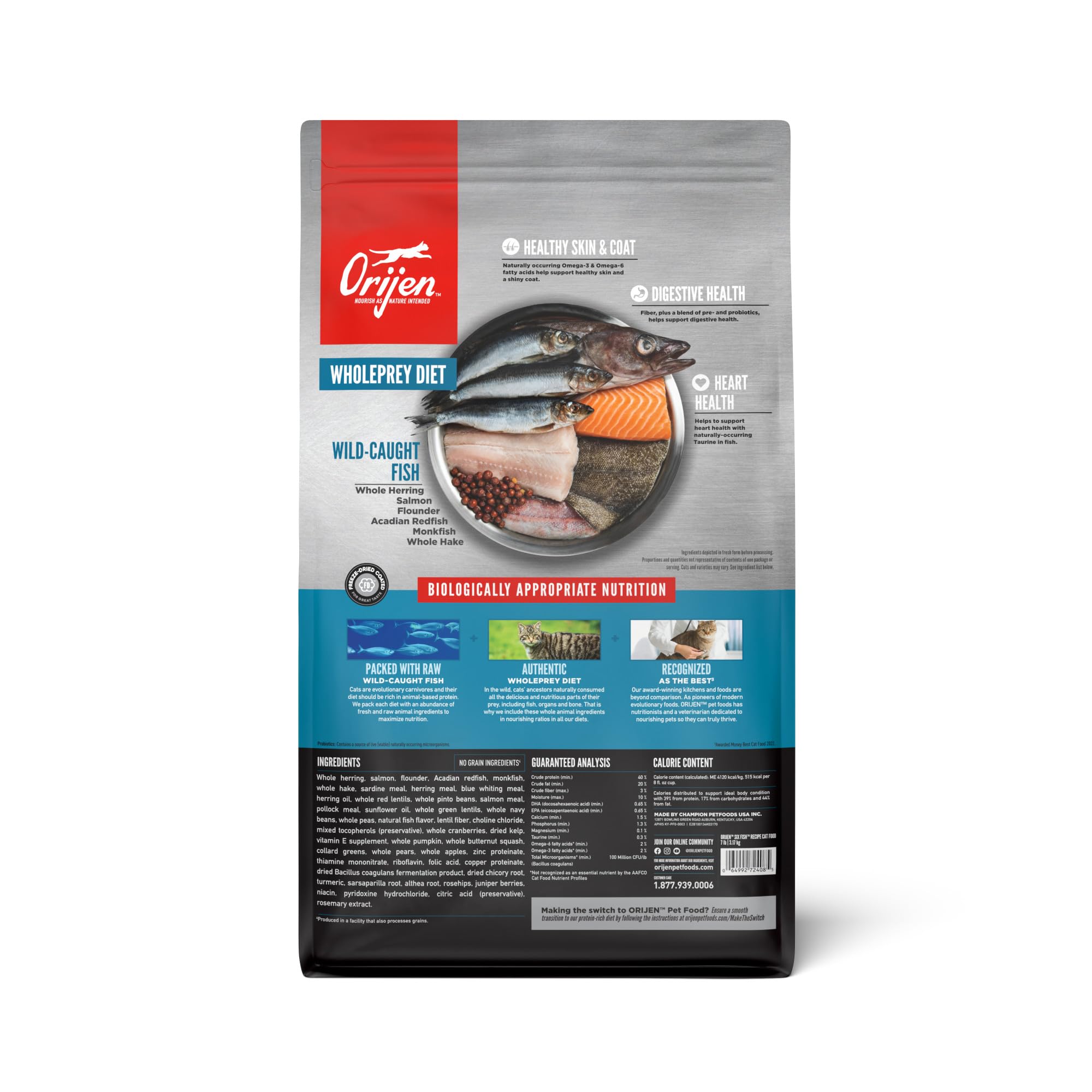 ORIJEN Grain Free High Protein Premium Dry Cat Food Six Fish Recipe 7lb Bag
