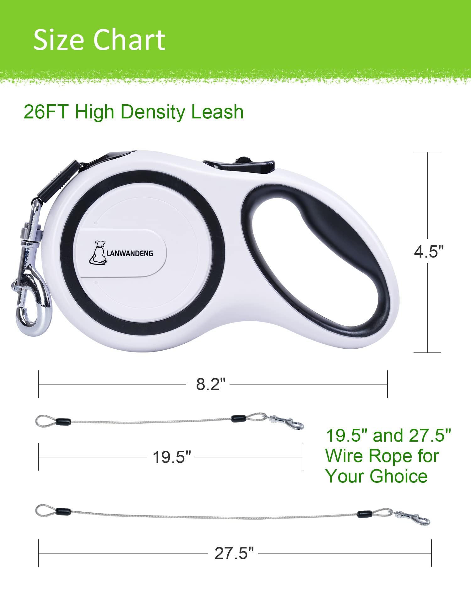 Lanwandeng 26FT Chew Proof Retractable Dog Leash, Nylon, Tangle-Free, Anti-Slip Handle, for Small/Medium/Large Dogs, White