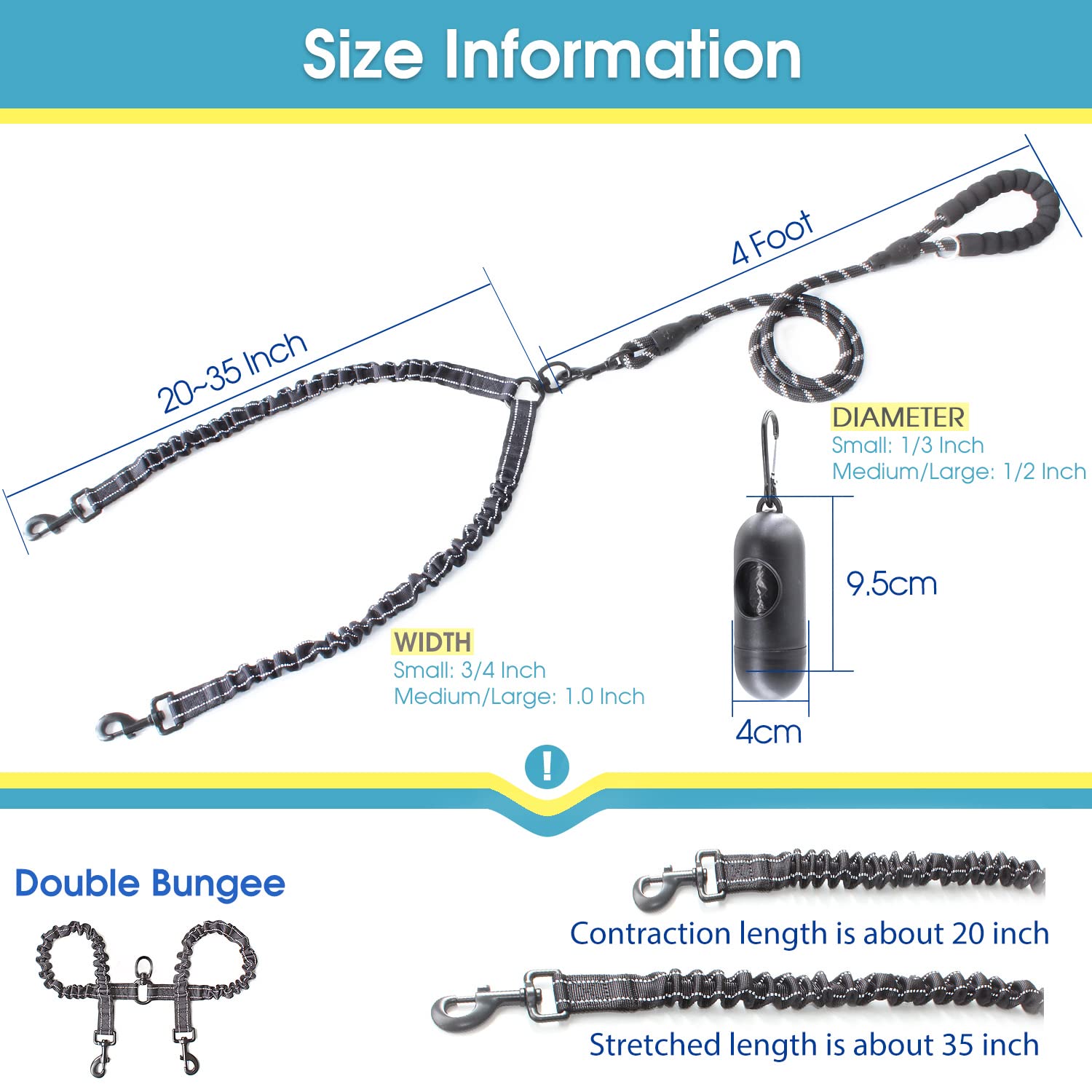 Baapet Double Dog Leash, 4 Ft Rope Dog Leash With Tangle Free Shock Absorbing Bungee And Poop Bags For Dual Small Medium Large Dogs (Small, Black)