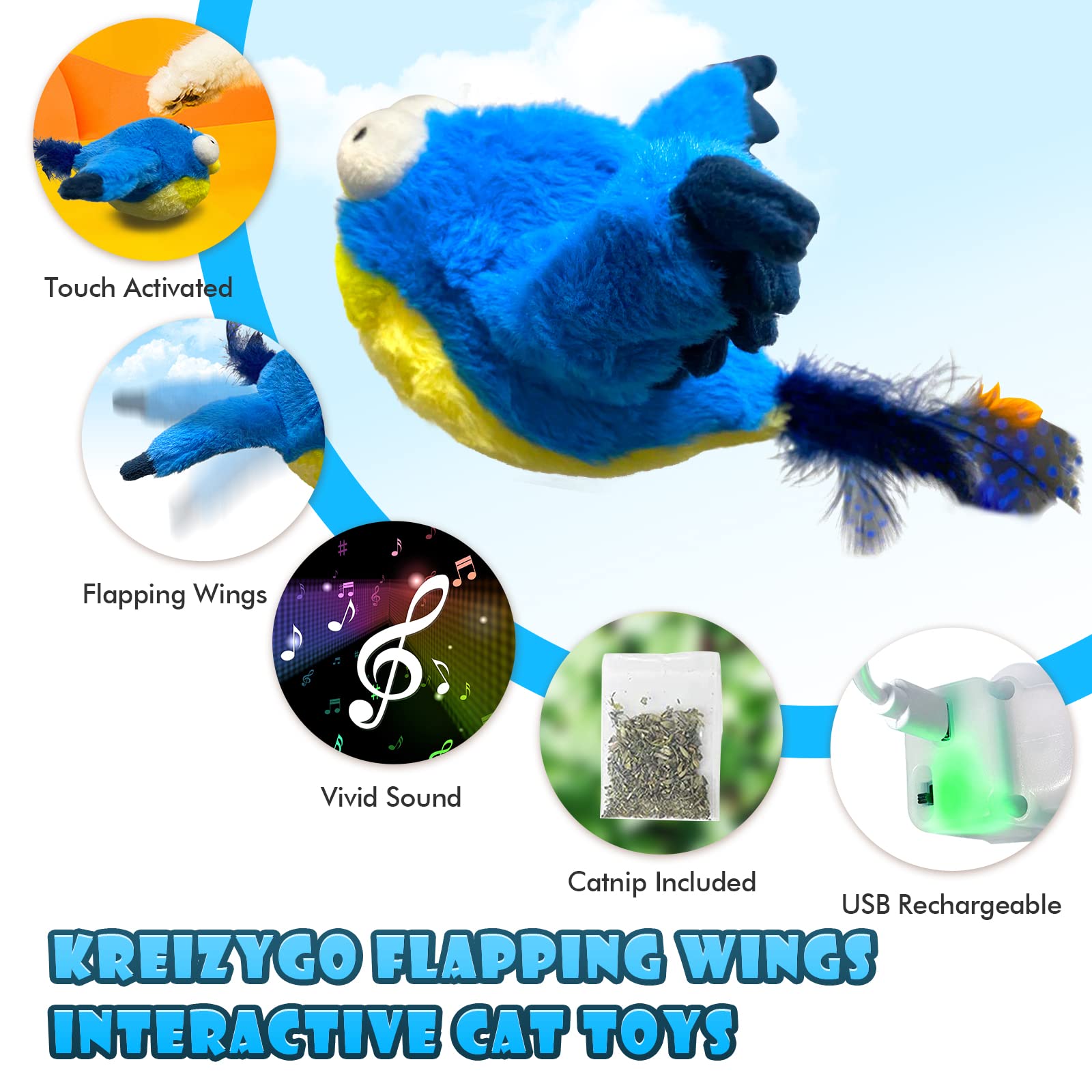 Kreizygo Cat Toys, Flapping Wings Blue-Bird, No Flying, Chirping Bird Interactive Catnip Toy For Kitten Or Small Dogs, Touch Act