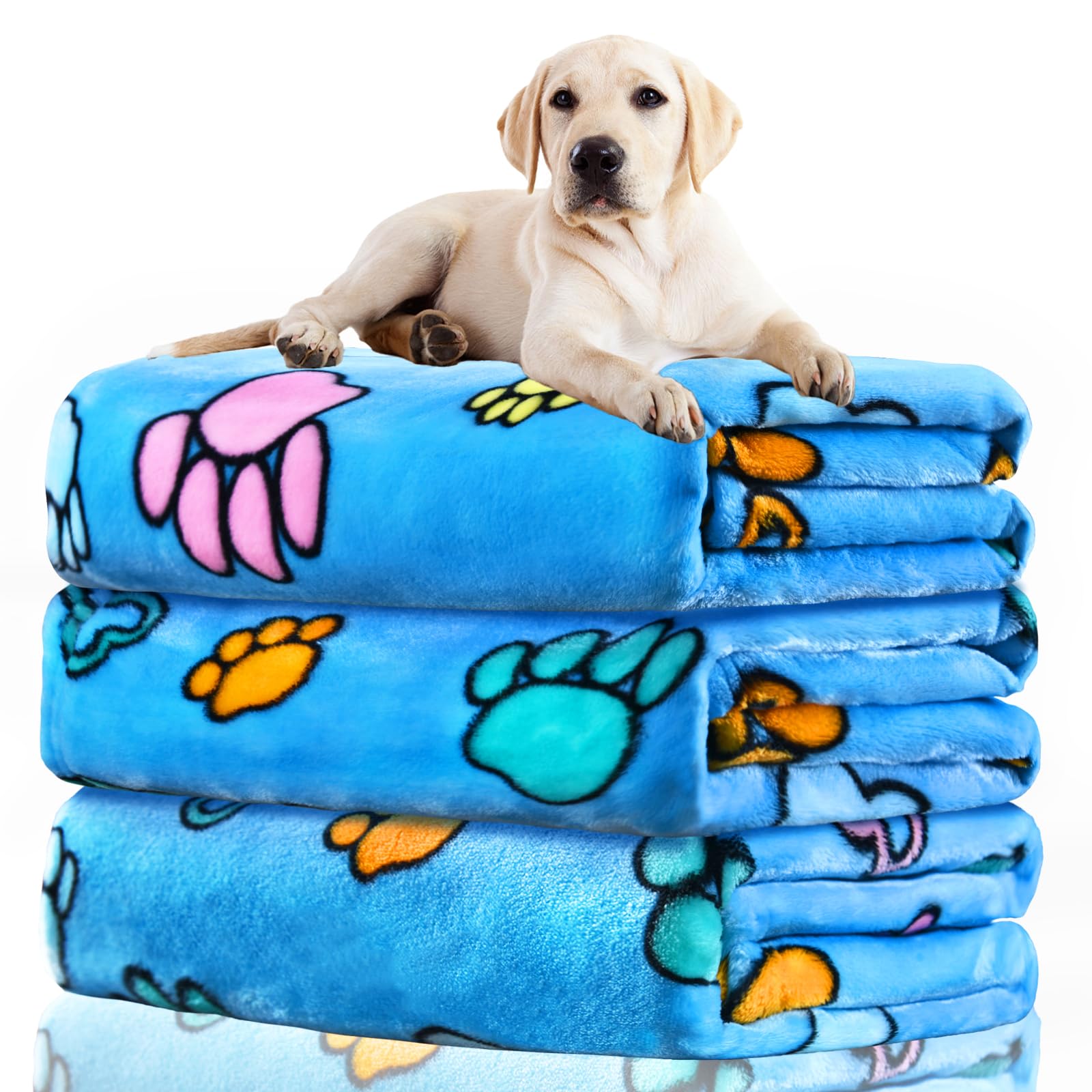 Soft Fuzzy Dog Blankets, 3 Pack - Large, Medium, Cat - Comfort Flannel, Reversible Print, 41 X 31 Inch, Blue