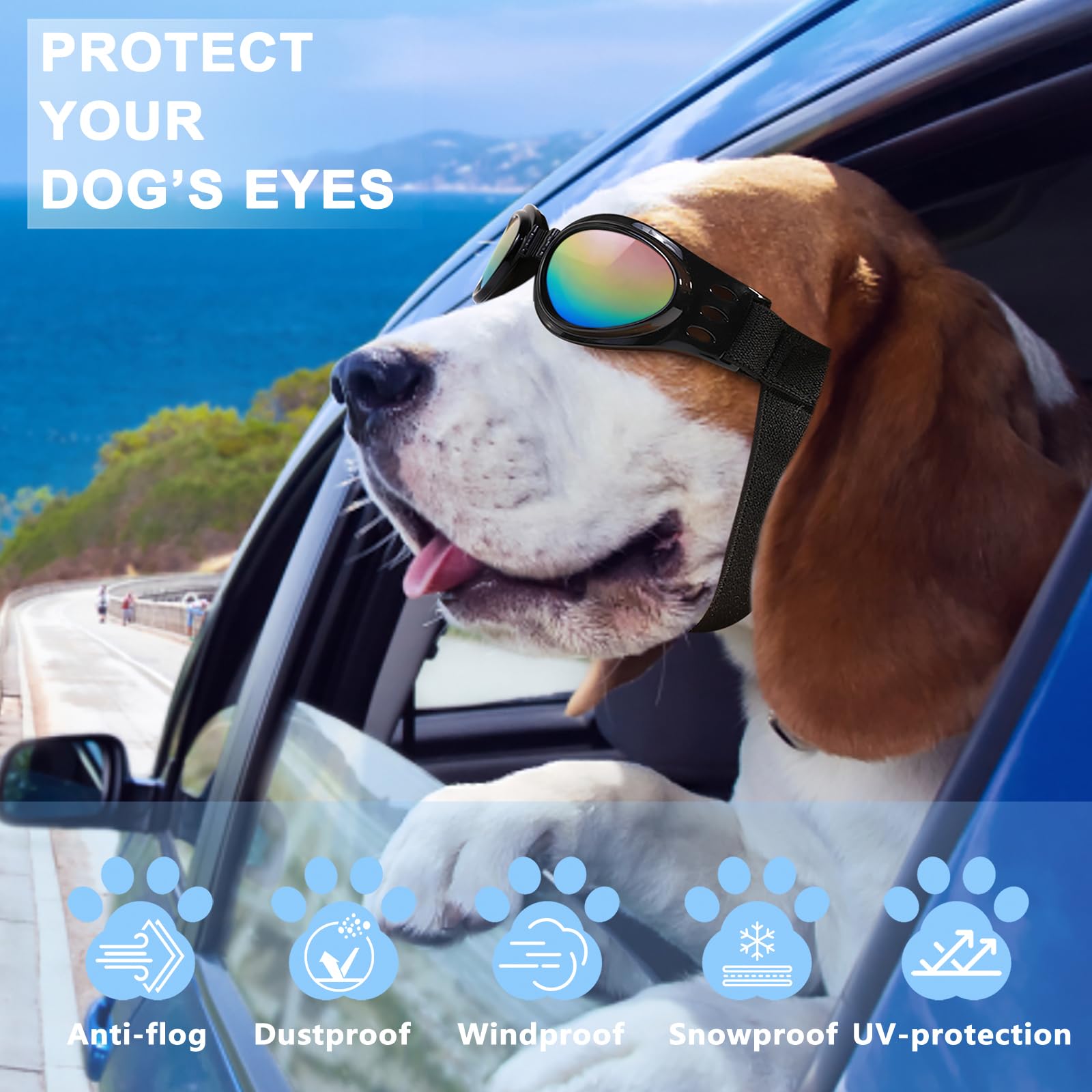 QUMY Dog Sunglasses Dog Goggles for Medium Large Breed Dogs, Wind Dust Fog Protection Eye Wear Pet Glasses with Adjustable Strap