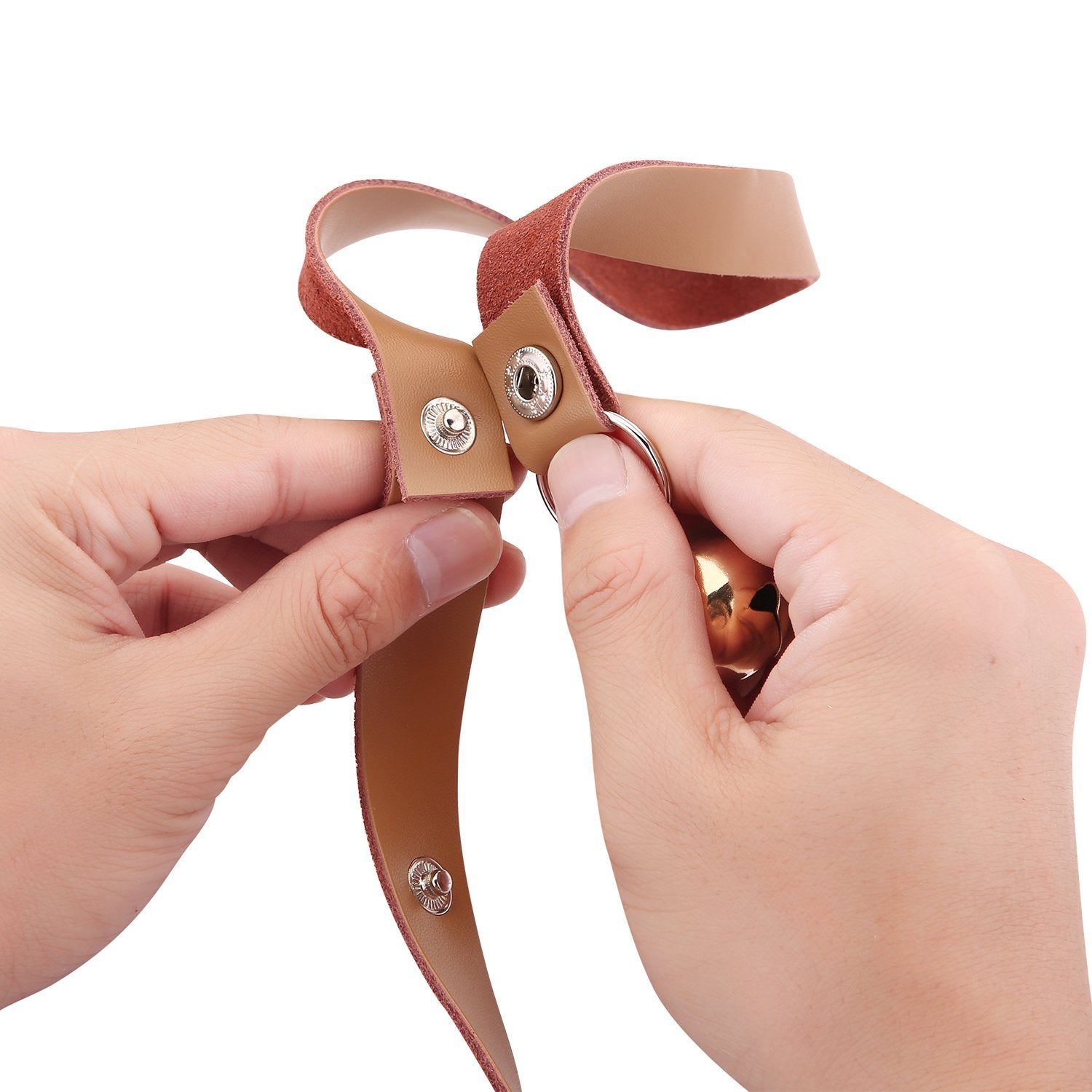 CATHYLIFE Leather Dog Doorbells for Door Knob/Potty Training/Go Outside, Length Adjustment Copper Dog Bell, Housetraining Hanging Bell, Brown Leather Golden Bells. -Like New