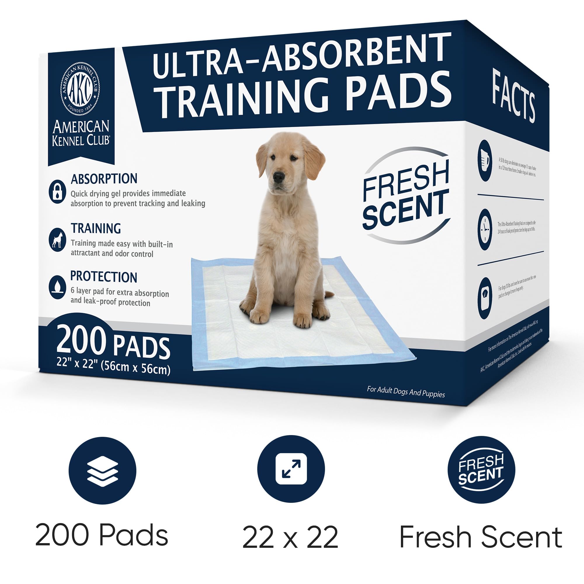 American Kennel Club Ultra Absorbent Odor Control Scented Training Pads for Dogs Leak-Proof Quick Dry Gel - 22 x 22 Puppy Pads -