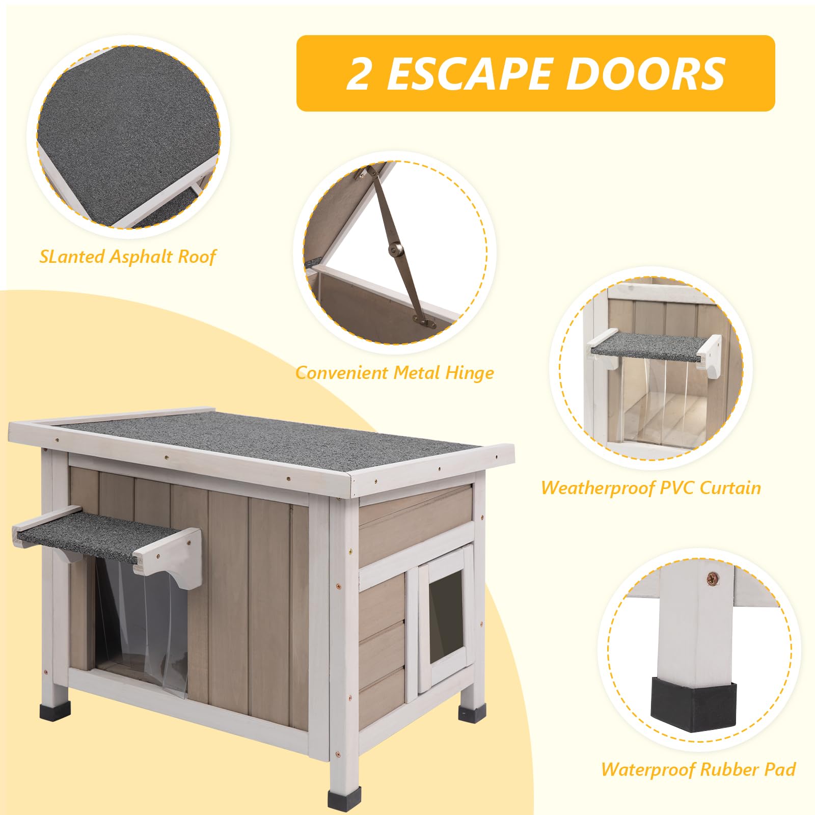 Gowoodhut Insulated Cat House, 22.44" L, Weatherproof Foam Shelter, Grey, Model PET18, 2 Escape Doors for Winter Cats