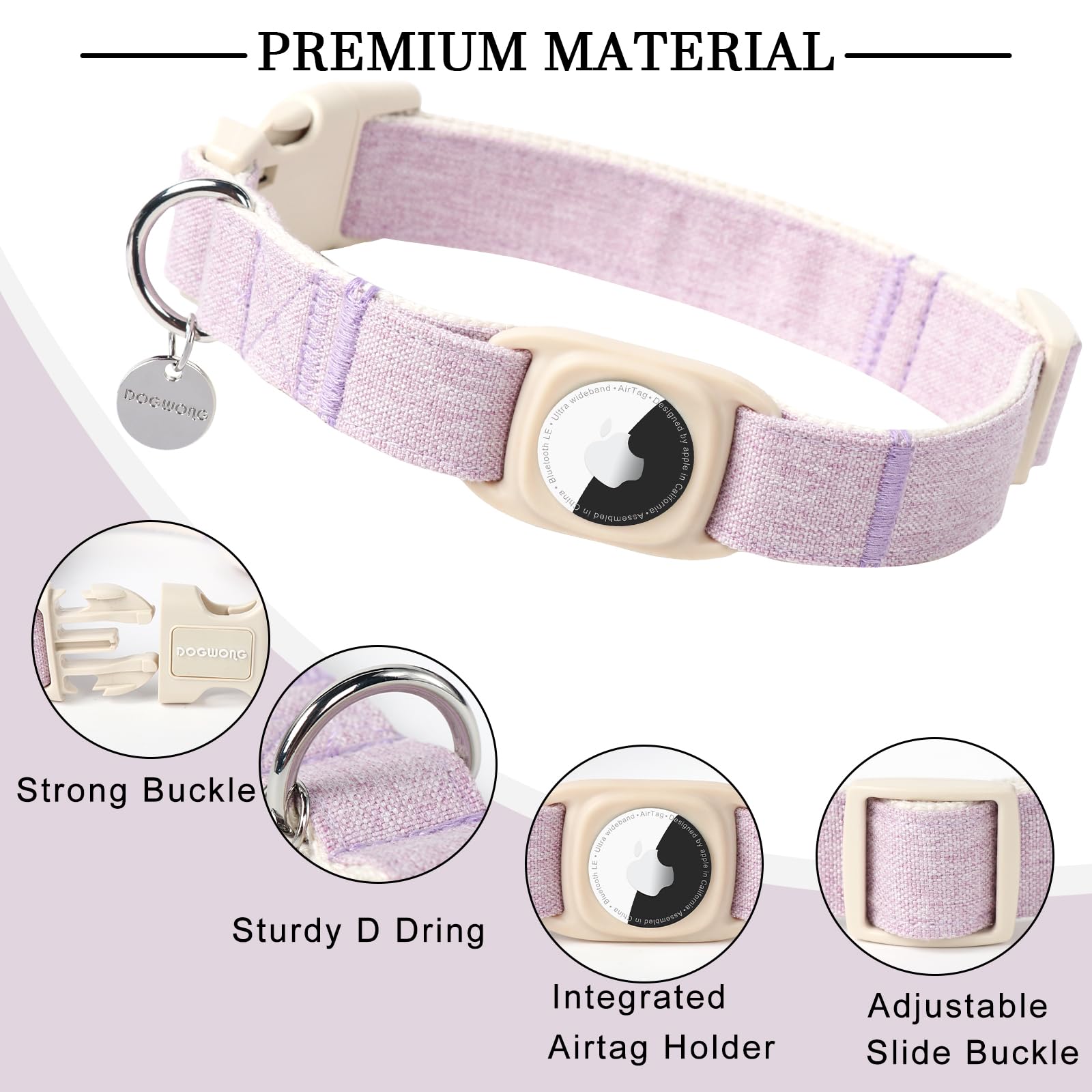Dogwong Airtag Cotton Hemp Dog Collar, Heavy-Duty Dog Collar With Airtag Holder Purple Collars Natural Fabric Pet Dog Collar Cut