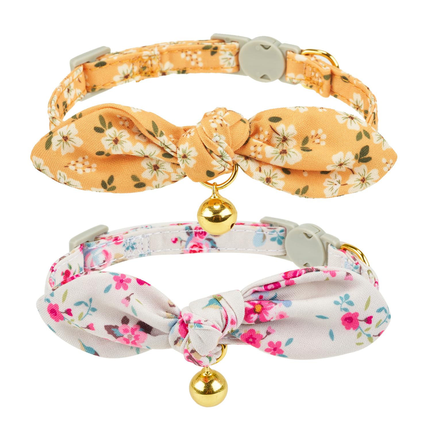 Yudote Bowtie Cat Collar With Bell, 2 Pack Cotton Breakaway Kitten Collars With Removeable Bow Girl Cat Collars, Floral Yellow &