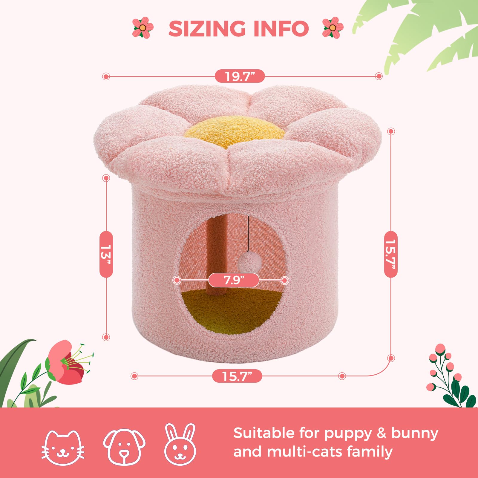 Petepela Cat Beds For Indoor Cats, Small Cute Cat Tree House With Removable Flower Cat Bed, Cat Hideaway, Indoor Cat House Condo