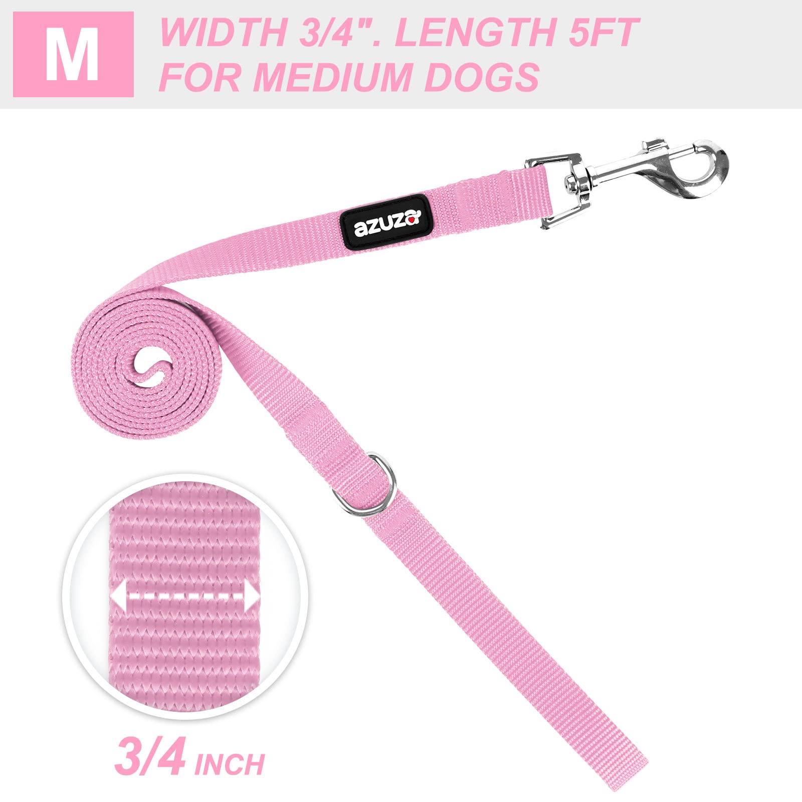 Azuza Nylon Dog Collar And Leash Set, Strong & Durable Basic Style Leash With Easy To Use Collar Hook, Available In Multiple Lengths For Medium Dogs, Pink,M
