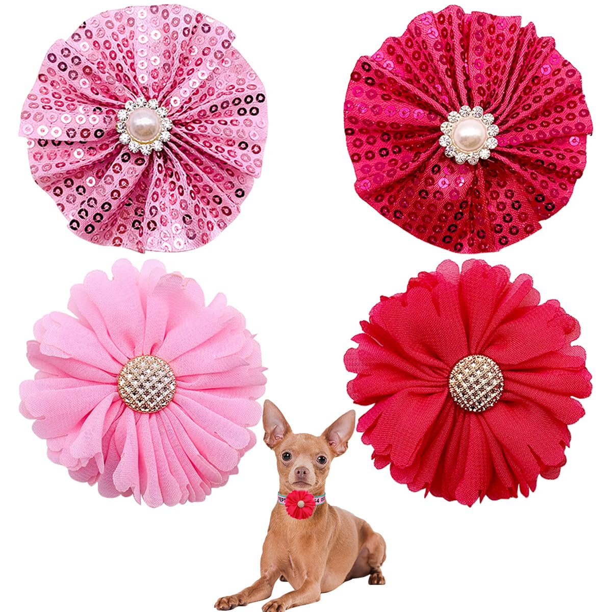 Pet Show Pink Red Dog Collar Flower Charms Accessories Slides On Girls Cat Puppies Rabbits Collars Bows Wedding Grooming Costumes