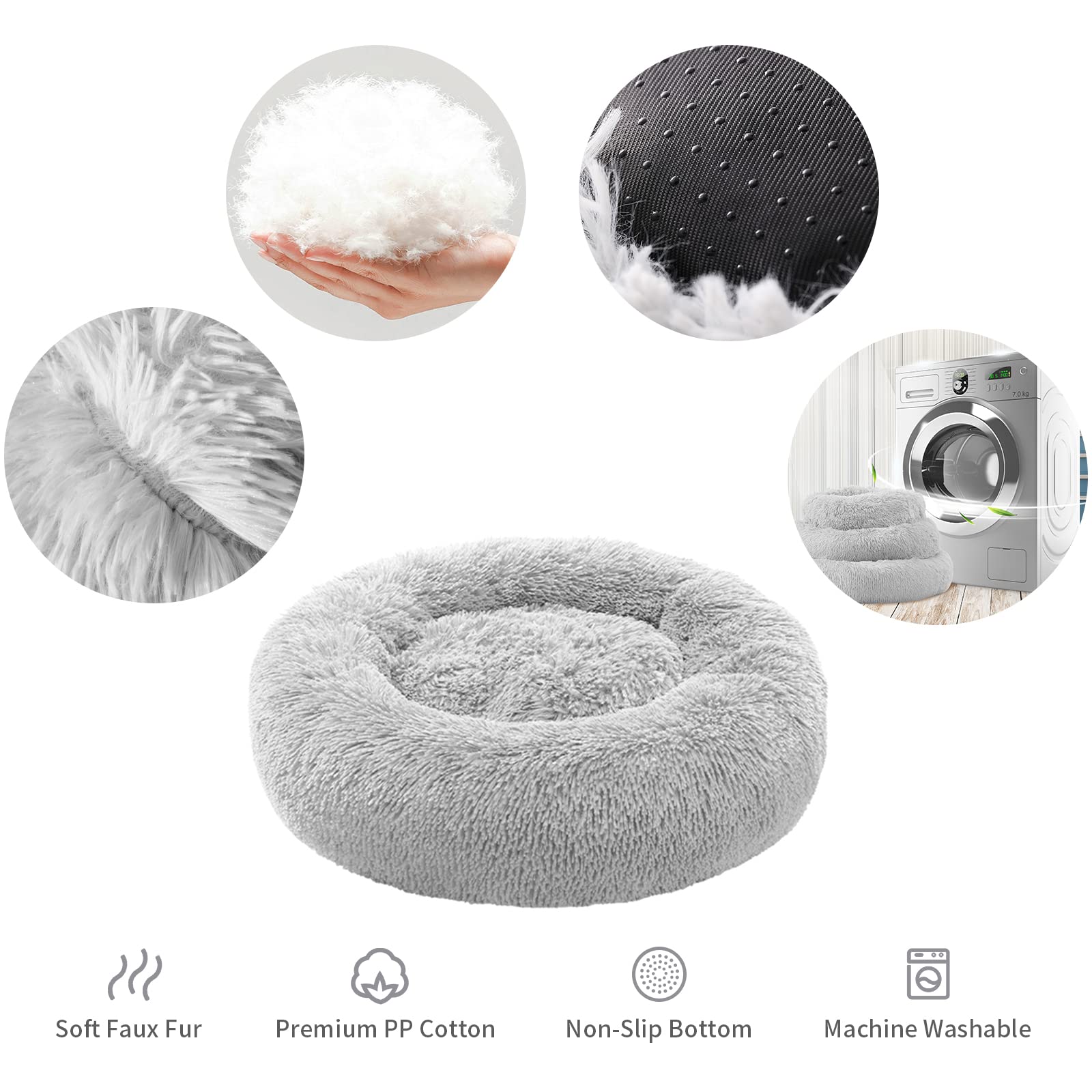 Anti-Anxiety Donut Cat & Dog Bed - Round, Cozy, Plush, Machine Washable, 20x20inch Grey