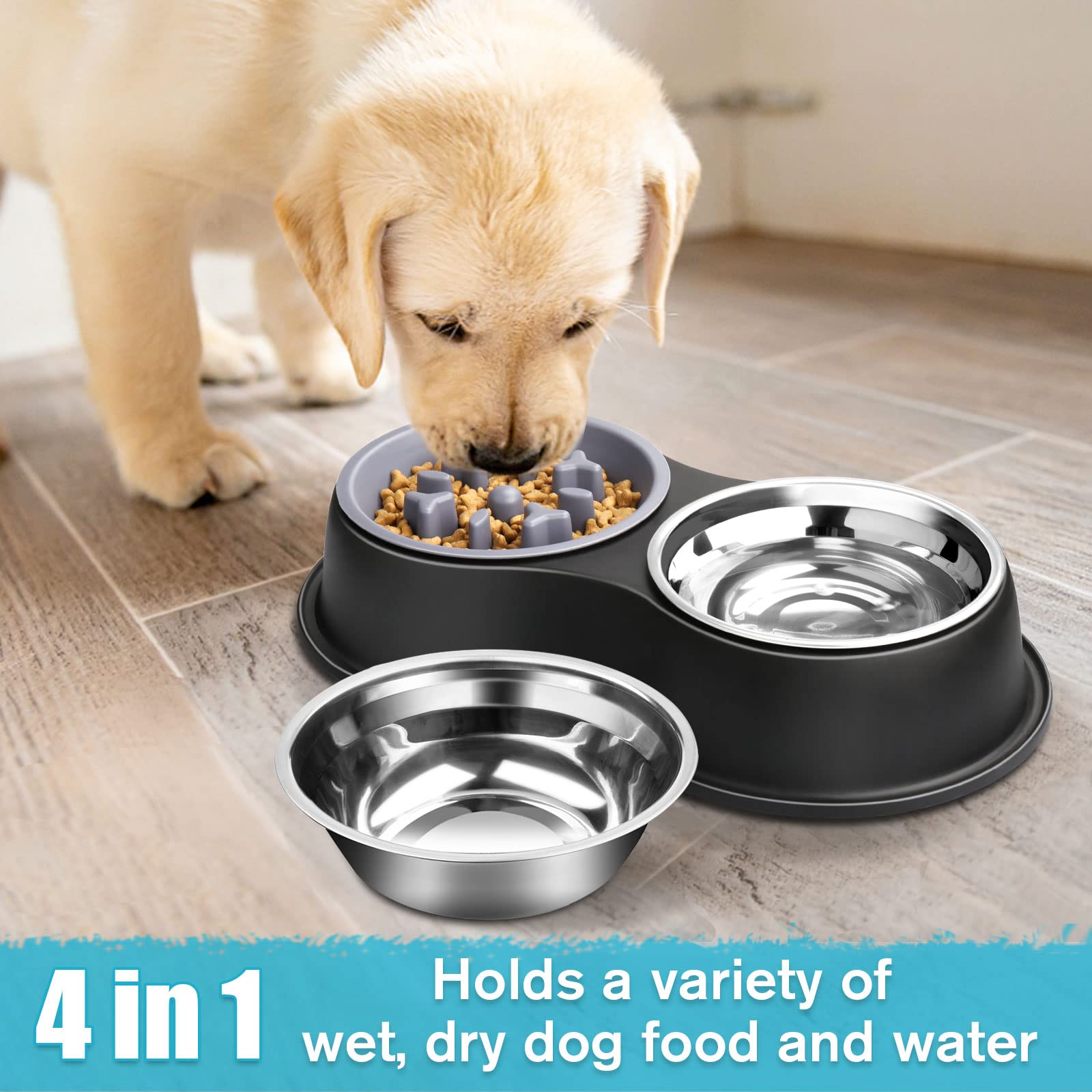 Dog Bowls Double Dog Water and Food Bowls Stainless Steel Bowls with Non-Slip Resin Station, Pet Feeder Bowls for Puppy Medium D