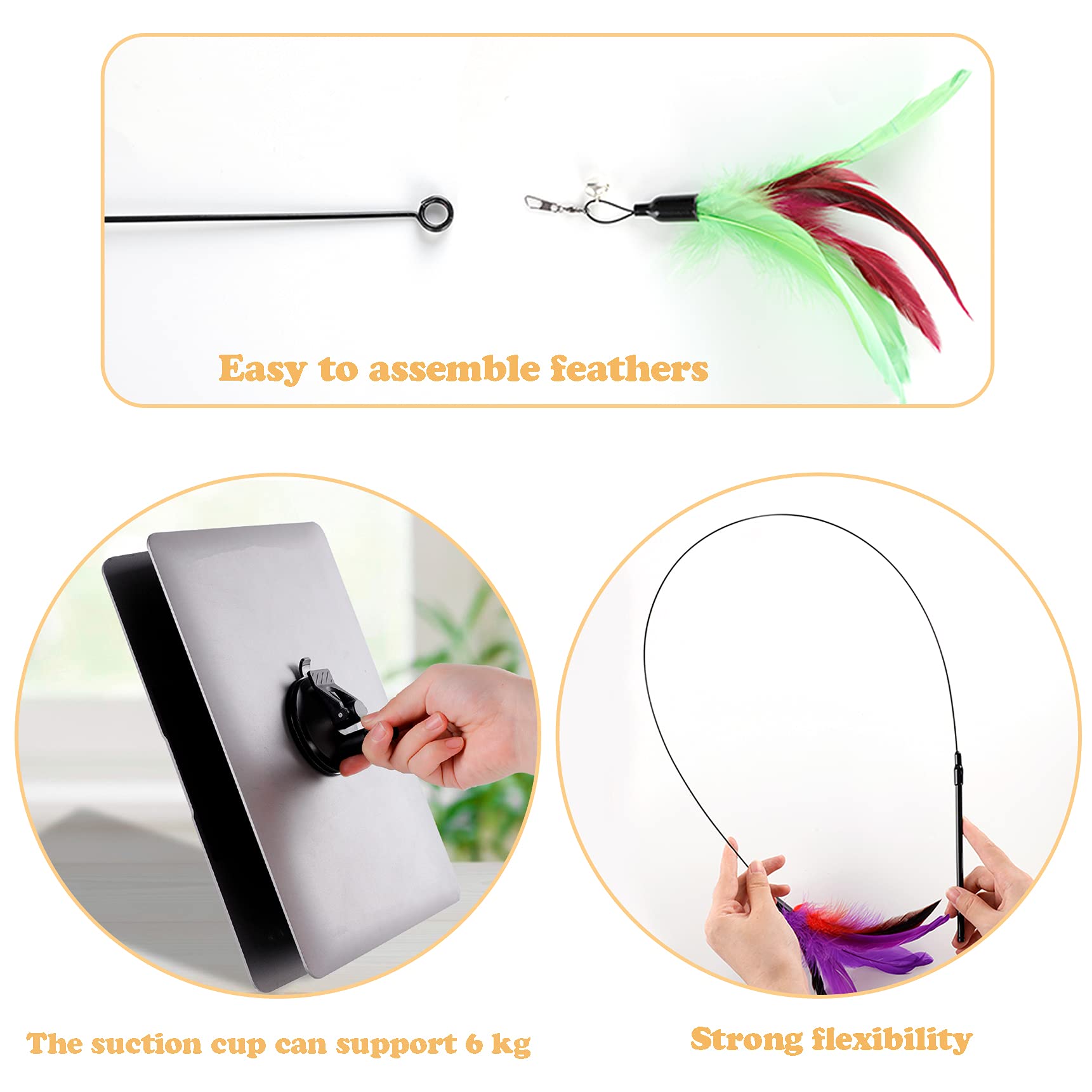 Cat Feather Toys Interactive Cats - Dorakitten Cat Powerful Suction Cup Handheld Teaser Wand Toy And 5Pcs Replacement Feather Wi