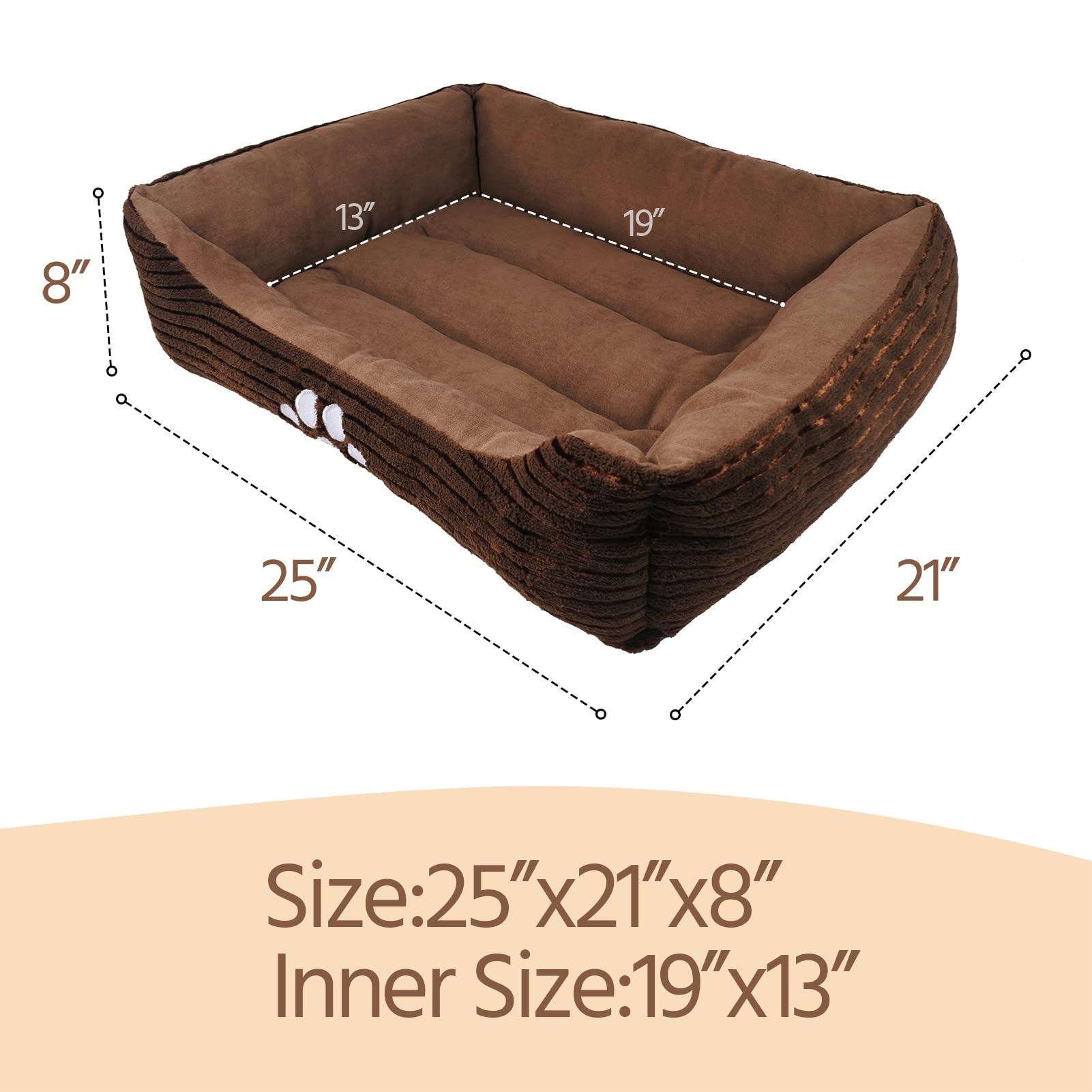 Long Rich Hct Rec-005 Reversible Rectangle Pet Bed With Dog Paw Printing, Coffee, By Happycare Textiles, 25 By 21 Inches