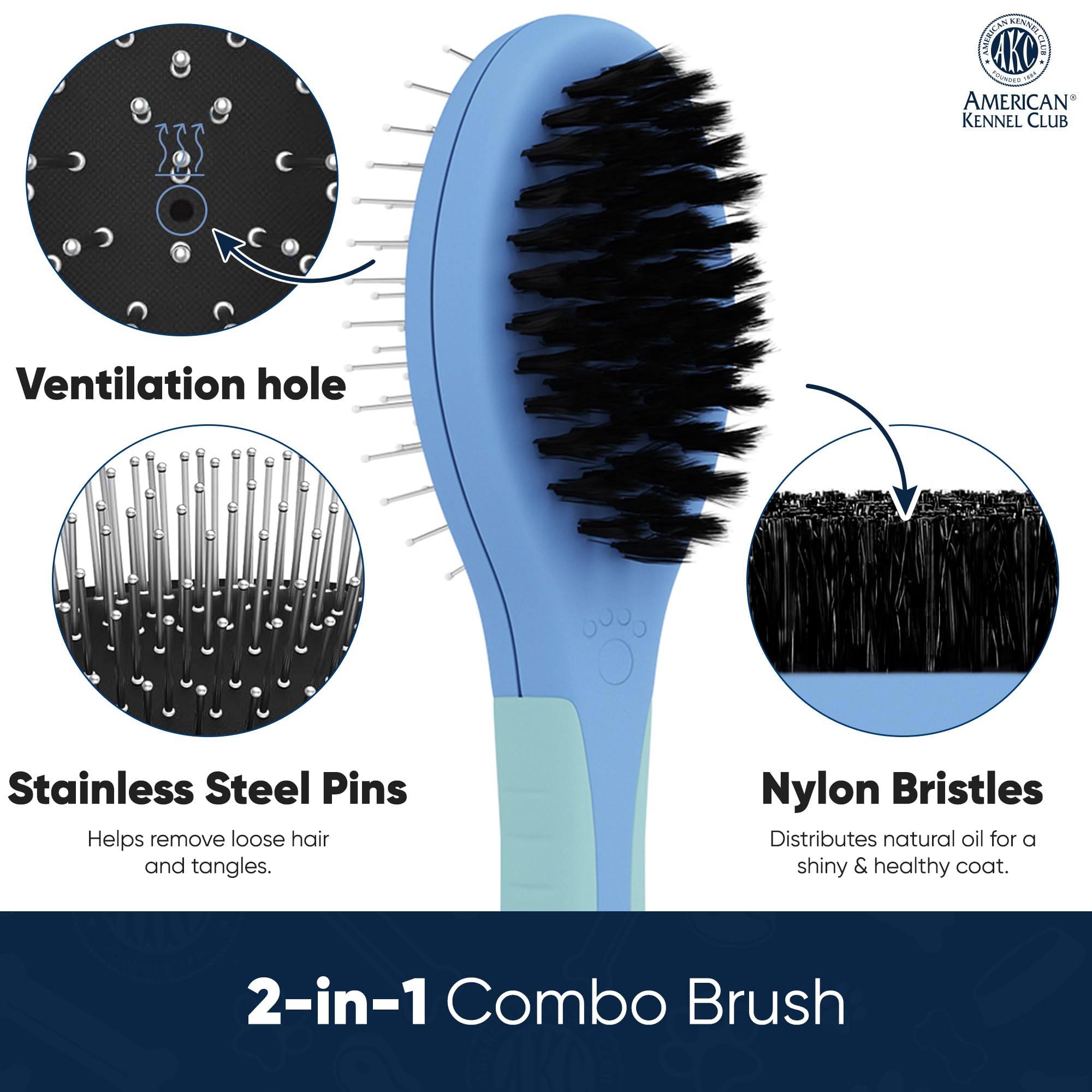 American Kennel Club Akc Pet Grooming Brush For Dogs And Cats - 2-In-1 Deshedding And Detangling Brush With Dense Nylon Bristles