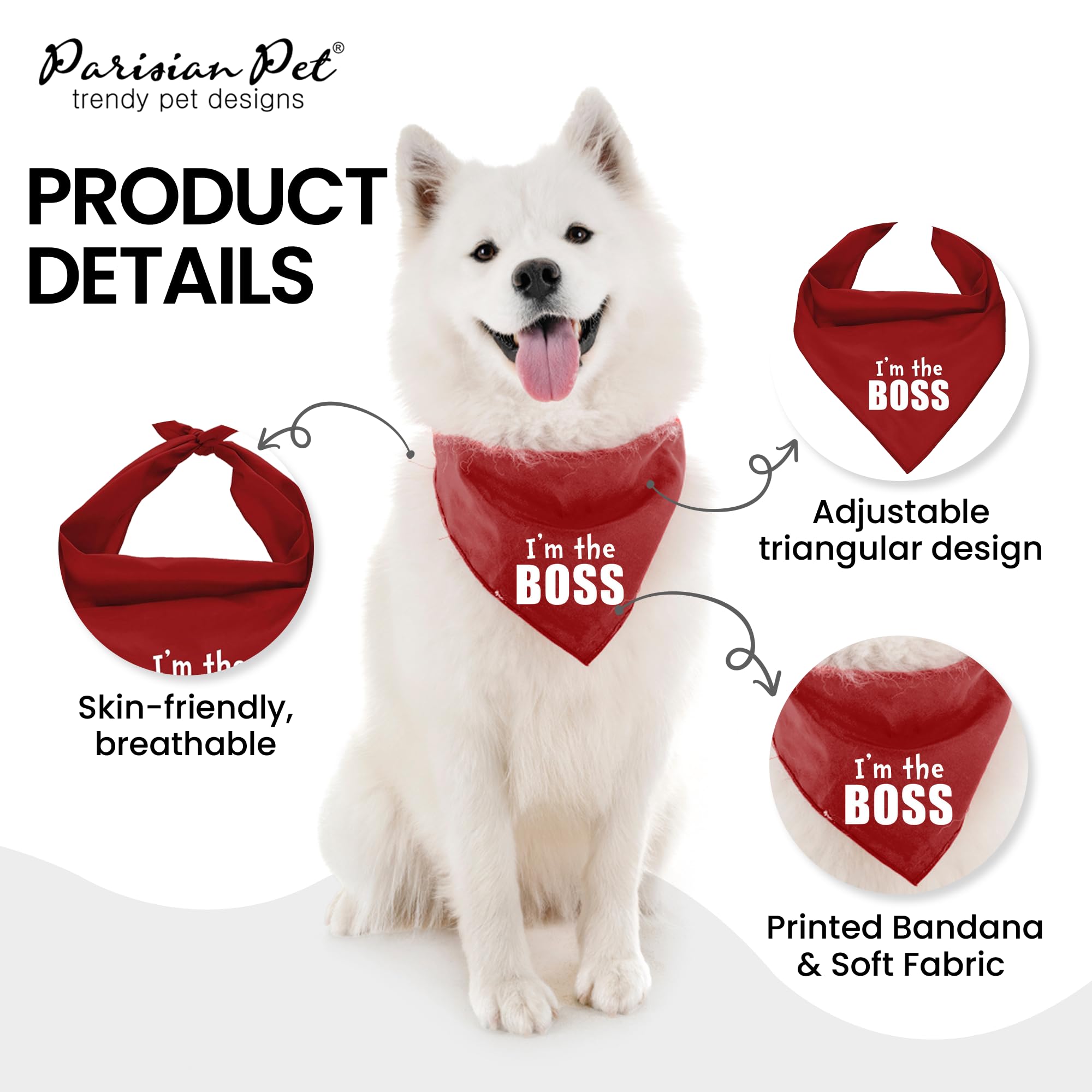 Parisian Pet Unisex Dog Bandanas With Printed ' I'M The Boss' Word - Classy Tie-On Adjustable Boss Dog Bandana - Dog Scarf For Large Dogs - Washable Triangle Dog Bib - Red Handkerchief For Pets - L