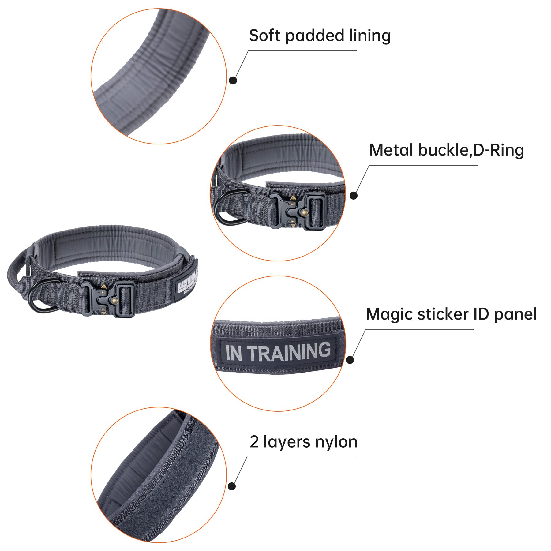 Excellent Elite Spanker Tactical Dog Collar Nylon Adjustable K9 Collar Military Dog Collar Heavy Duty Metal Buckle With Handle (Grey-Xl)