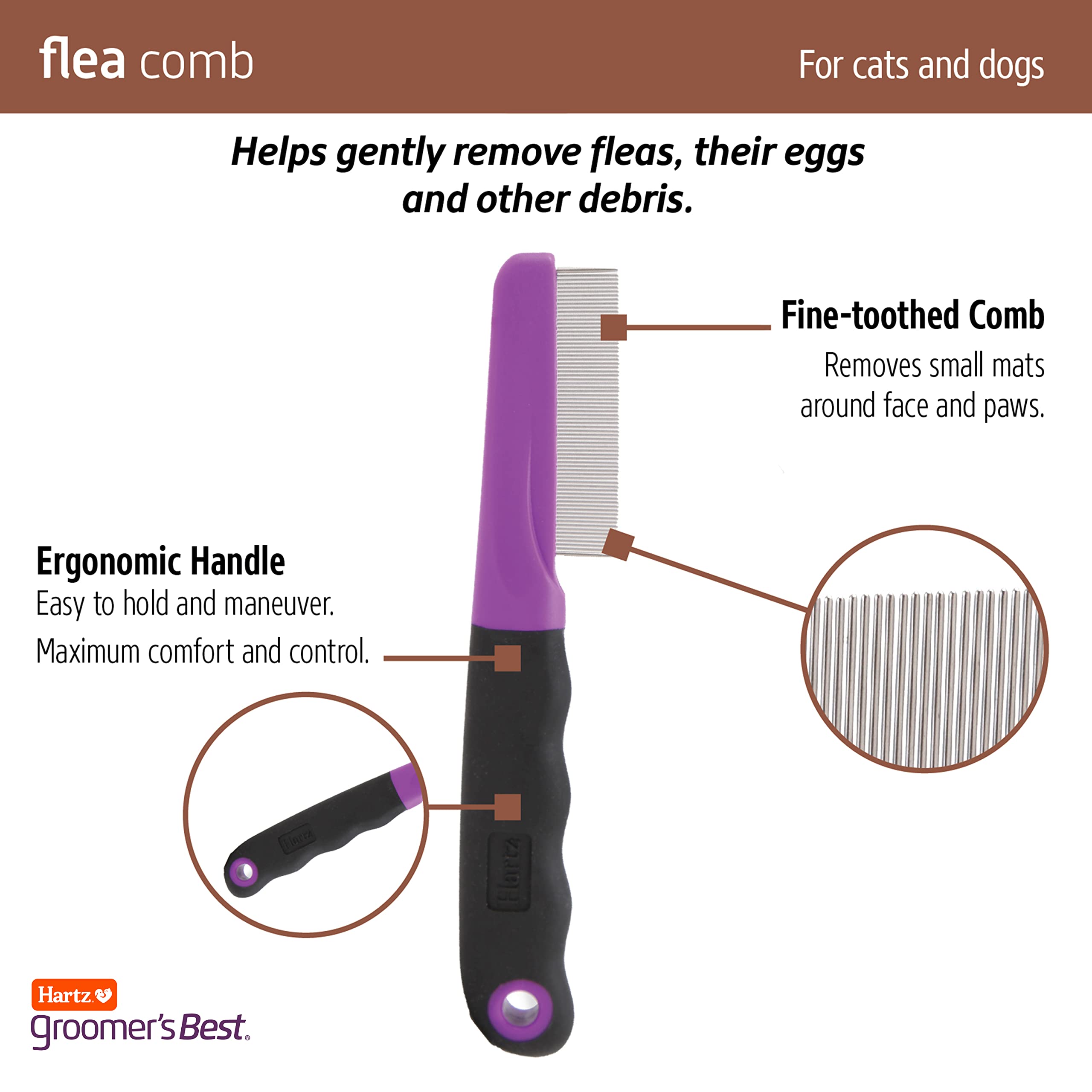 Hartz Flea Comb For Dogs And Cats, Fine-Toothed To Remove Fleas & Flea Eggs, Gentle Detangling Or Dematting Tool For Face & Paws, Metal, Black & Purple