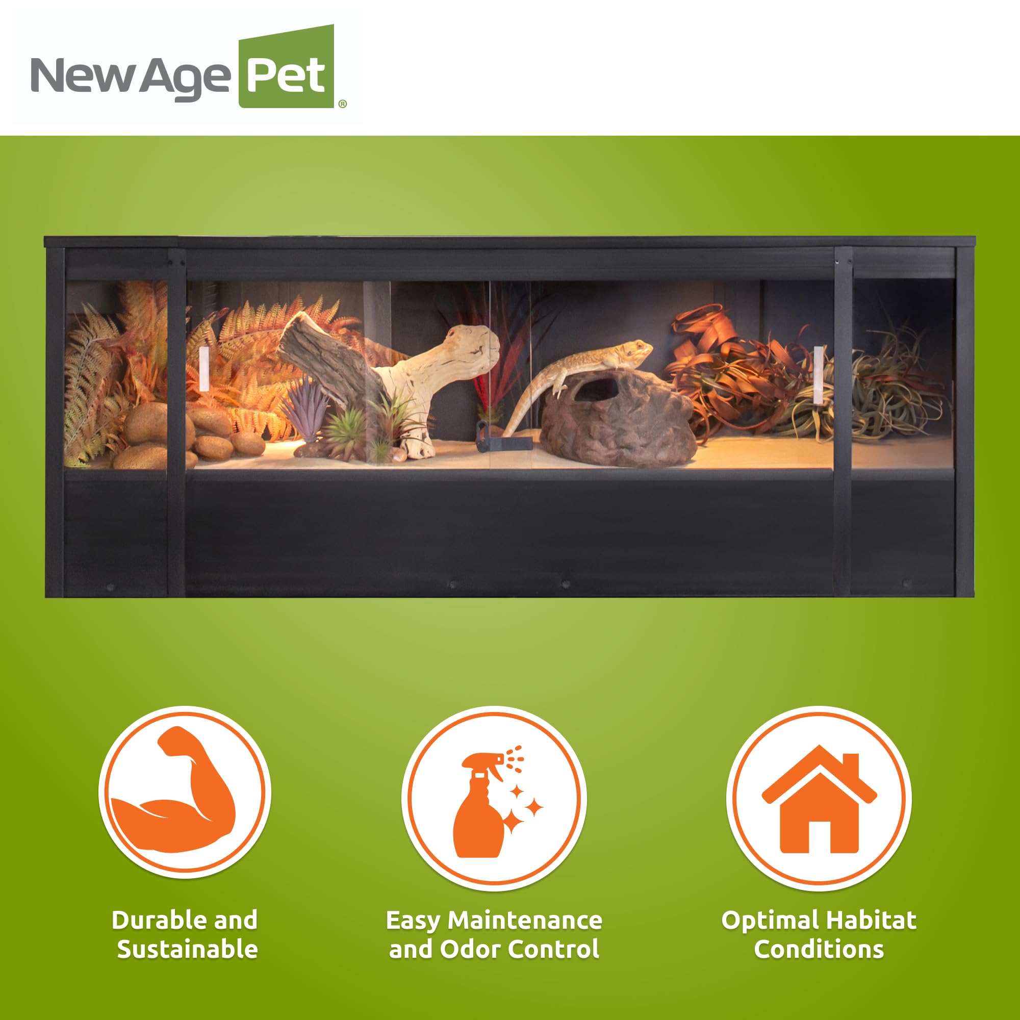 New Age Pet ECOFLEX Reptile Lounge, Extra Large, Espresso Black, Durable Wood Plastic Composite, Vented Panels, Sliding Glass Doors