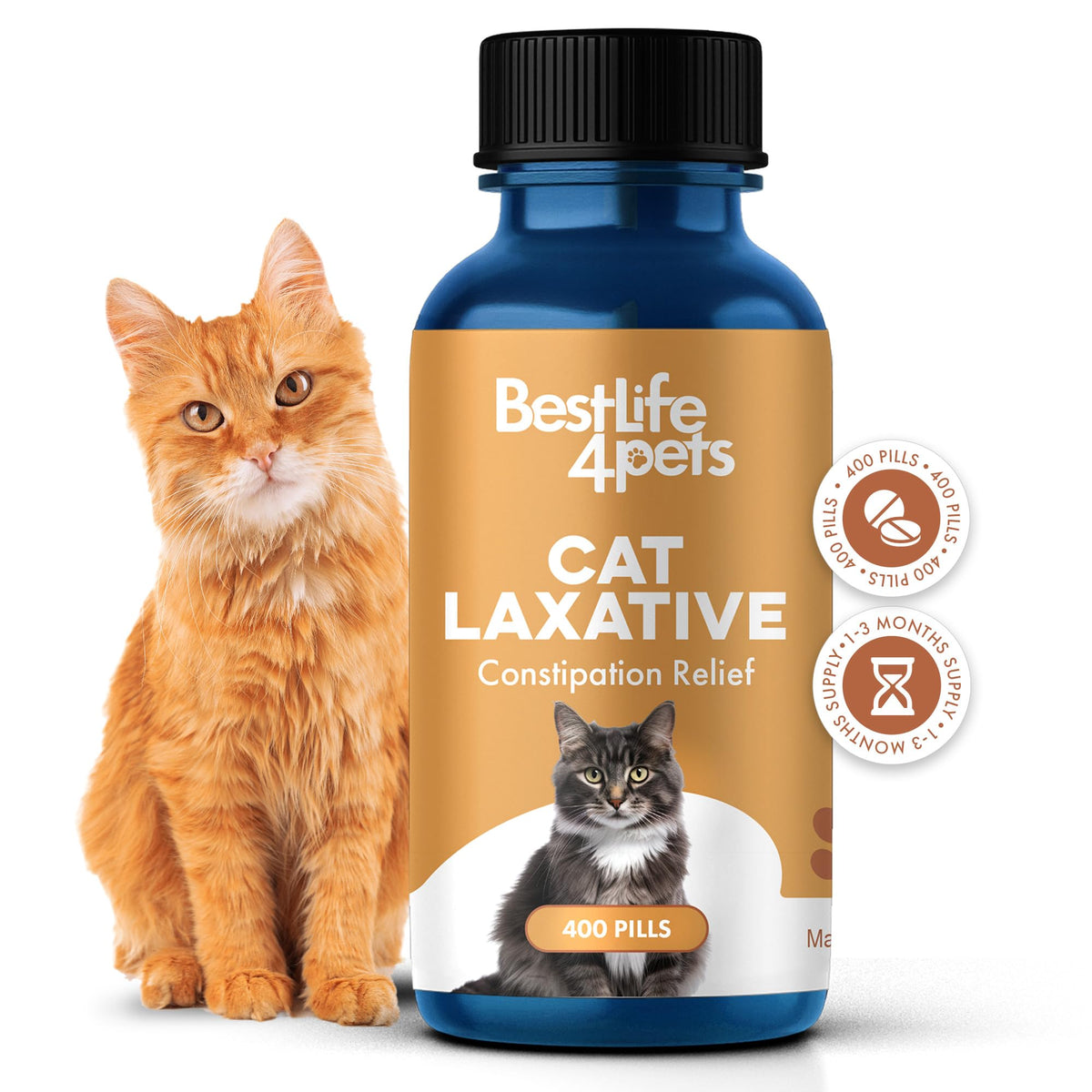 Cat Laxative Constipation Relief, Natural Cat Stool Softener Remedy For Irregular Bowel Movements Without Feline Diarrhea, Supports Feline Digestion & Gas Pain Relief, 400 Odorless, Tasteless Pills