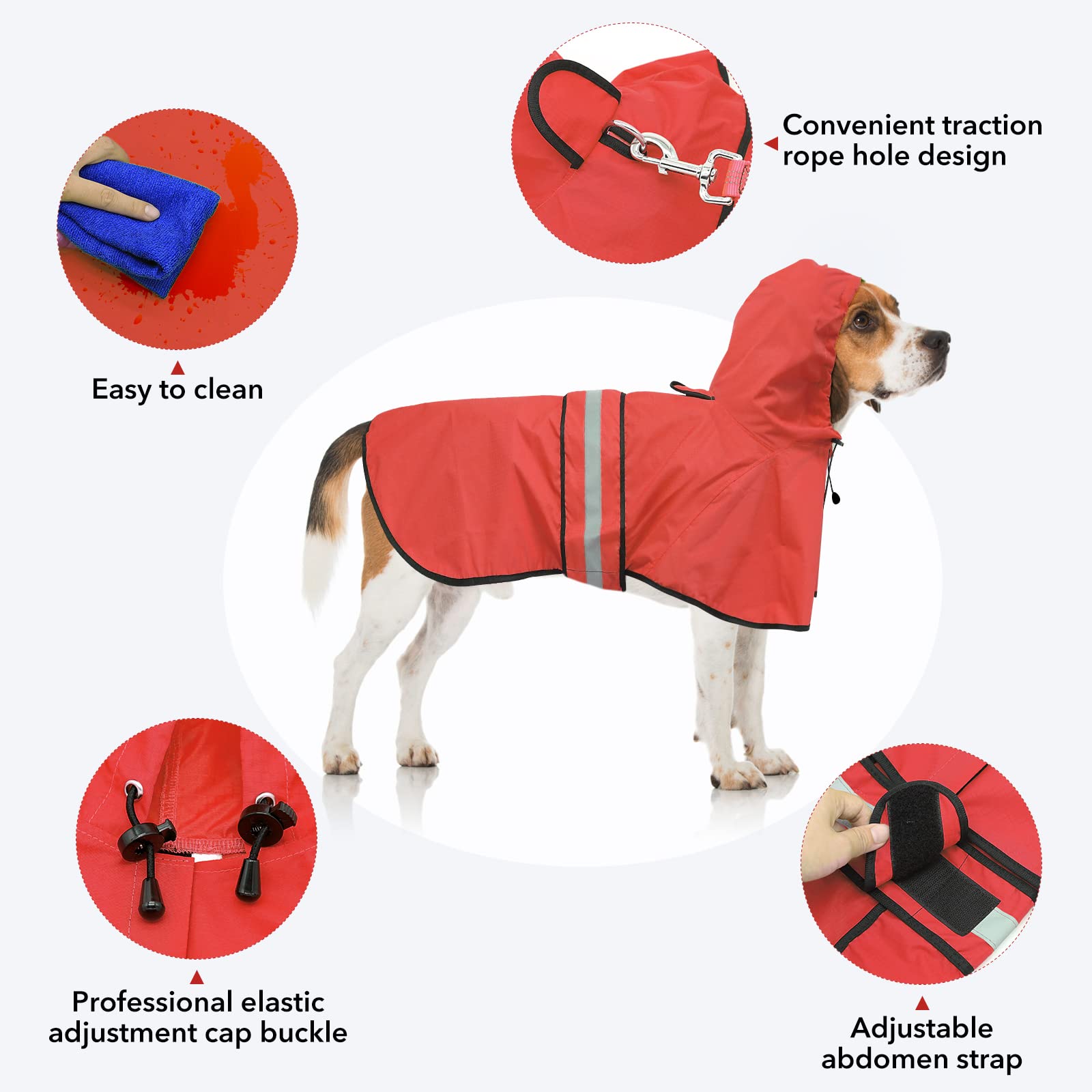 Ezierfy Waterproof Dog Raincoat - Reflective Adjustable Pet Rain Coats Jacket, Lightweight Dog Hooded Poncho Raincoats For Small Dogs (Red, Medium)