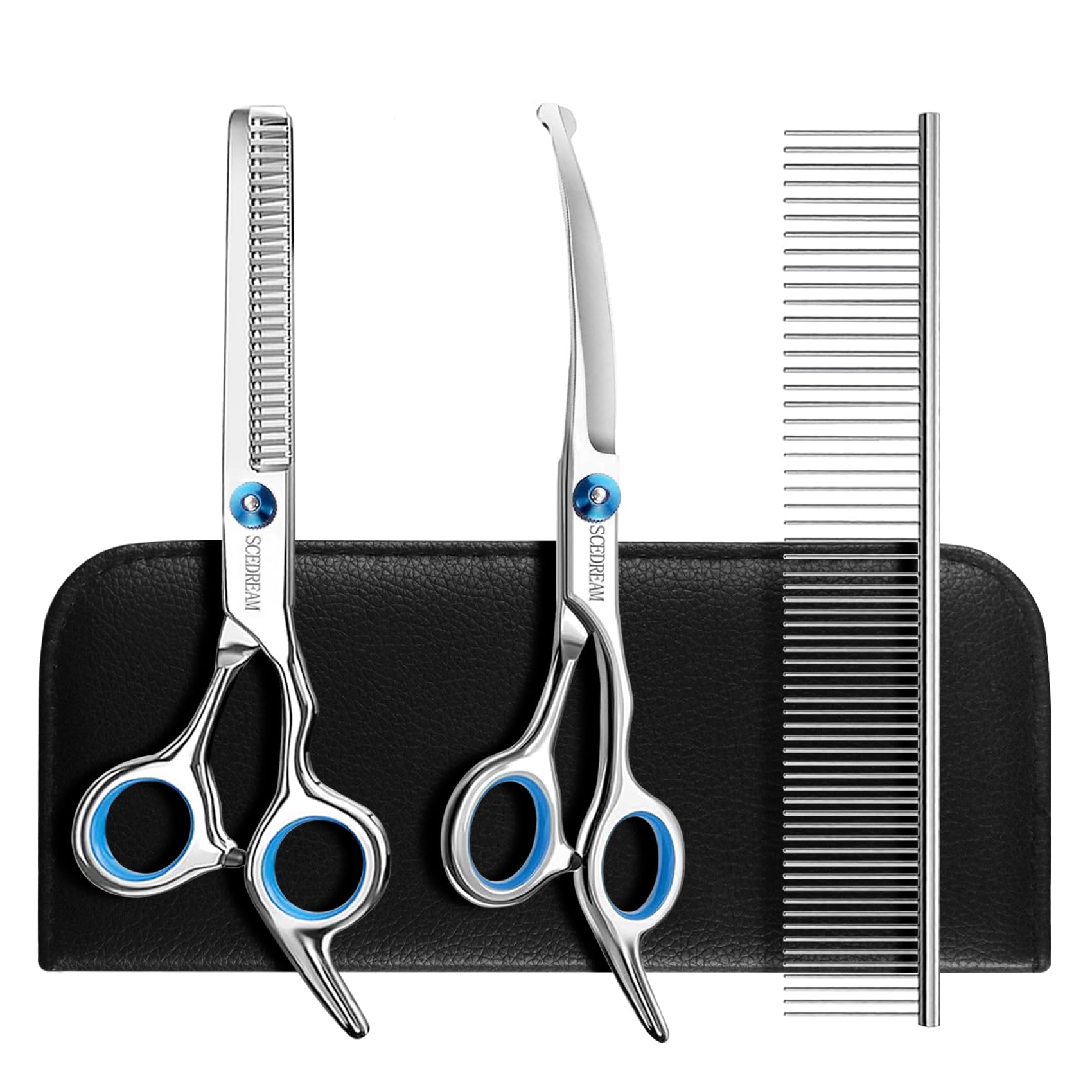 Scedream 3 In 1 Dog Grooming Scissors Kit With Safety Round Tips - Professional Pet Grooming Shears, 4Cr Stainless Steel, Blue