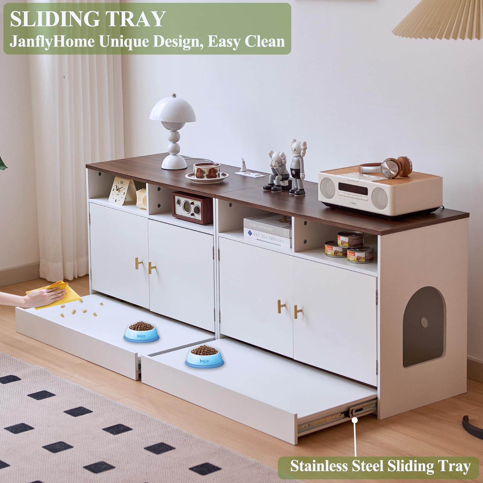 Janflyhome Double Cat Litter Box Enclosure For 2 Cats, 63' Wooden Hidden Cat Litter Box Furniture With Power Outlet, Sliding Bo