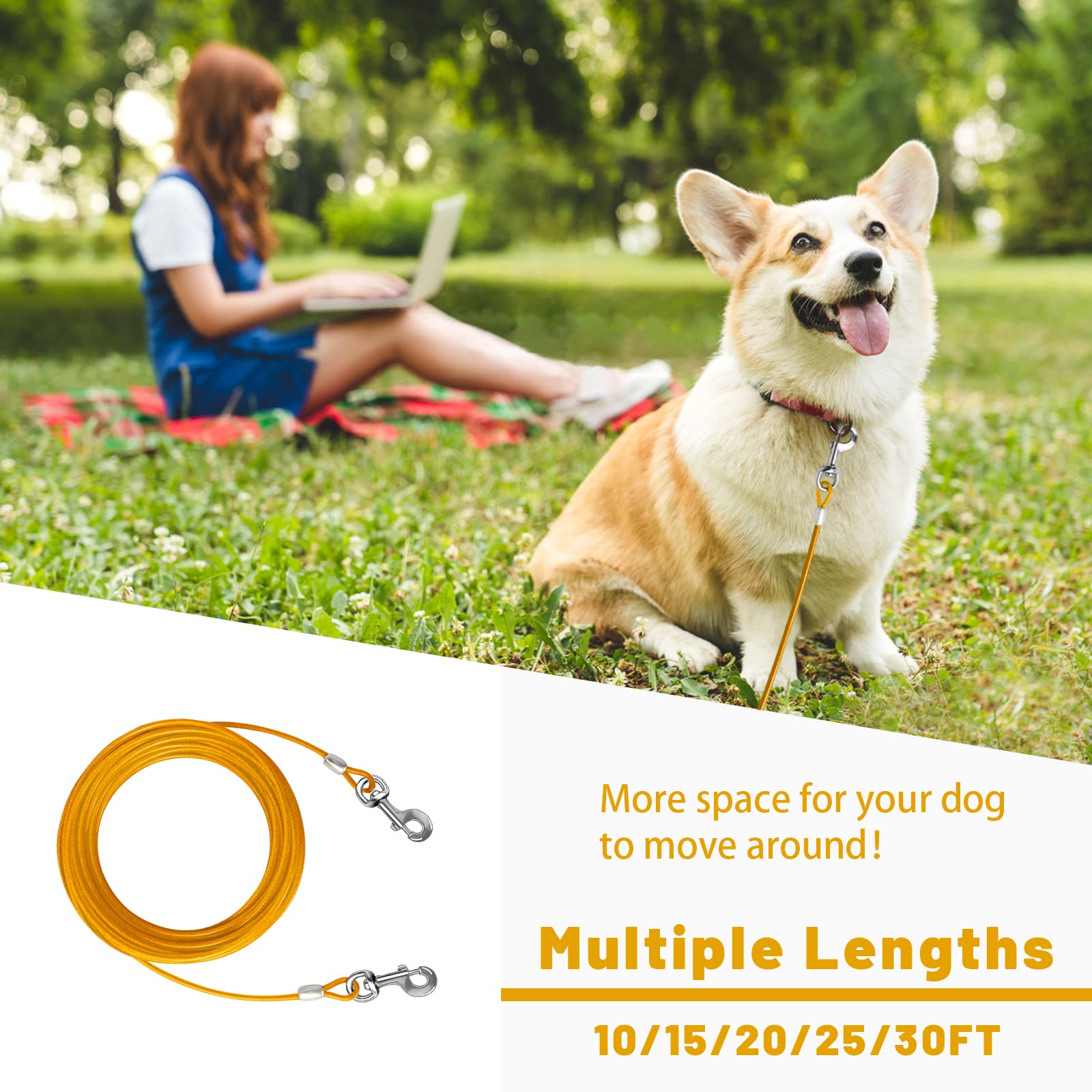 Haiyuan Dog Tie Out Cable 10/15/20/25/30 Ft Dog Runner For Yard Steel Wire Dog Cable With Durable Superior Clips Yellow Dog Chains For Outside Dog Lead For Large Dogs Up To 165 Lbs