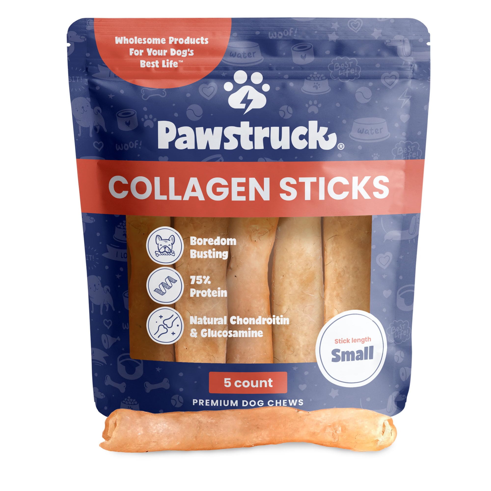 Pawstruck Natural 5-7 Beef Collagen Sticks for Dogs - Long-Lasting Rawhide Alternative, High Protein & Low Fat with Chondroitin 